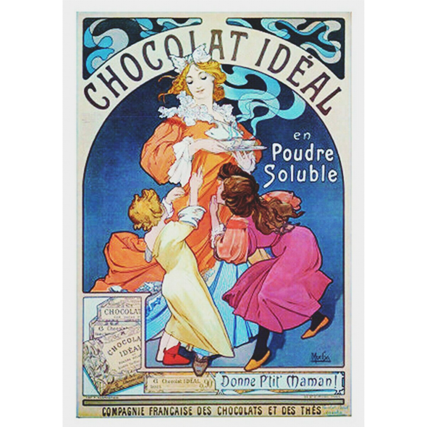 Art Nouveau Alphonse Mucha&#x27;s Chocolat Ideal Counted Cross Stitch Chart Pattern