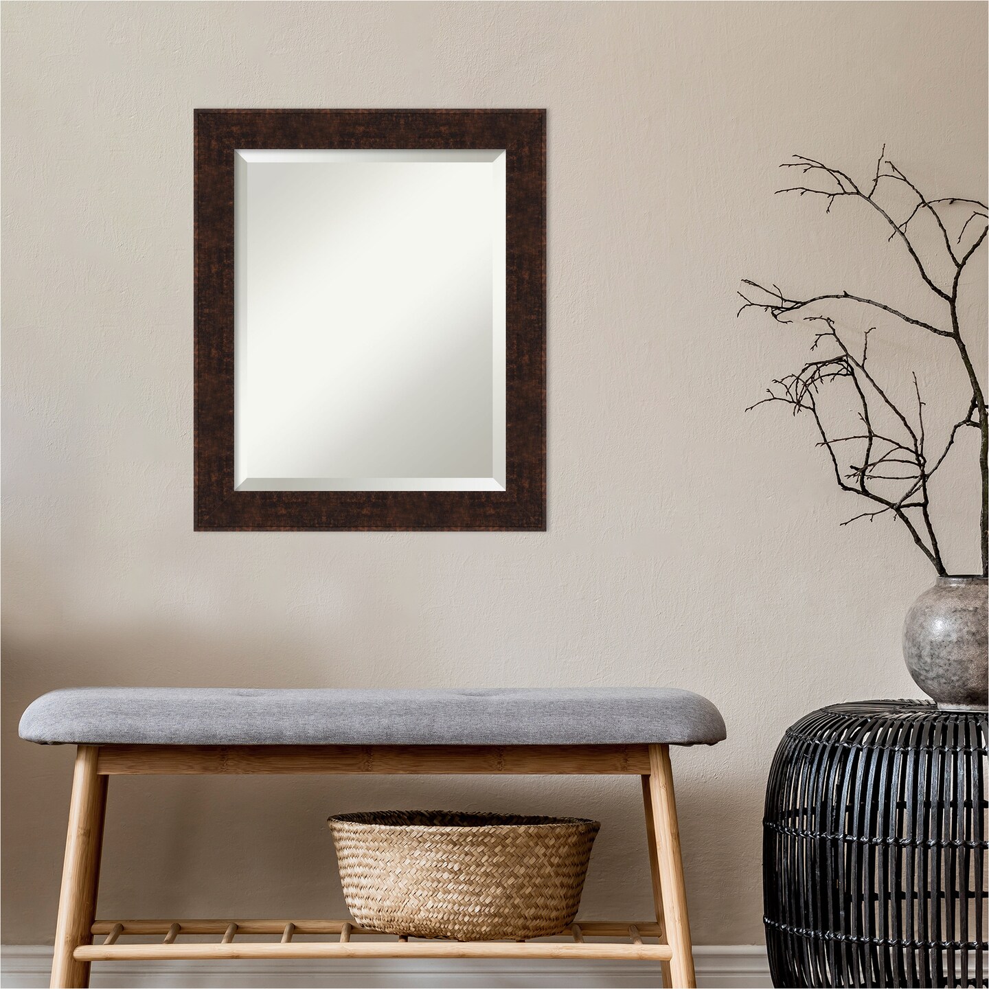 Beveled Bathroom Wall Mirror, William Mottled Bronze Narrow Frame