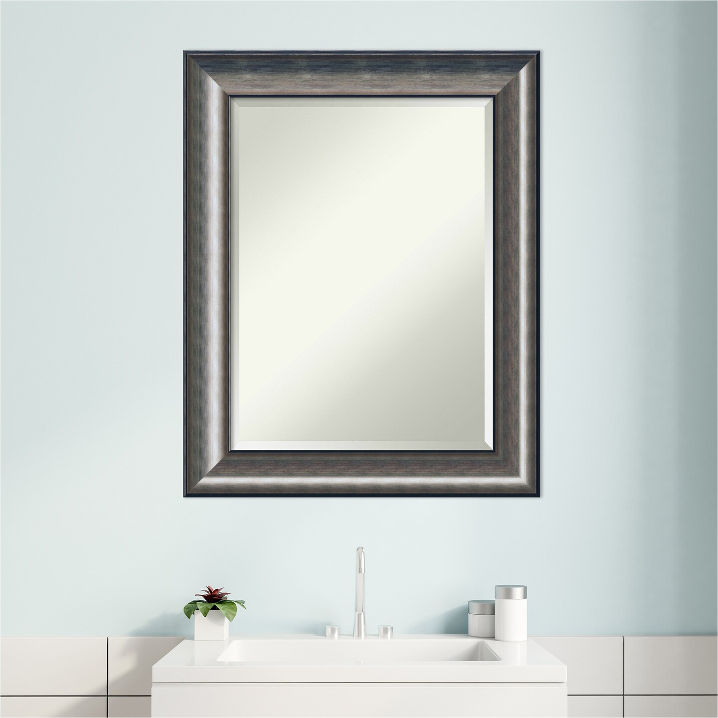 Beveled Wood Bathroom Wall Mirror, Quicksilver Scoop Frame