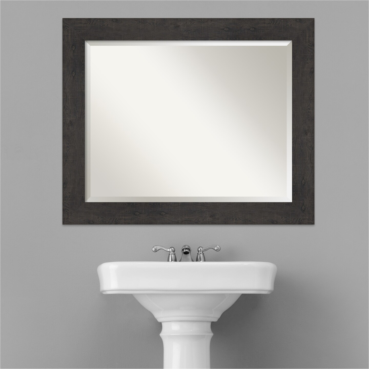 Beveled Bathroom Wall Mirror, Rustic Plank Frame
