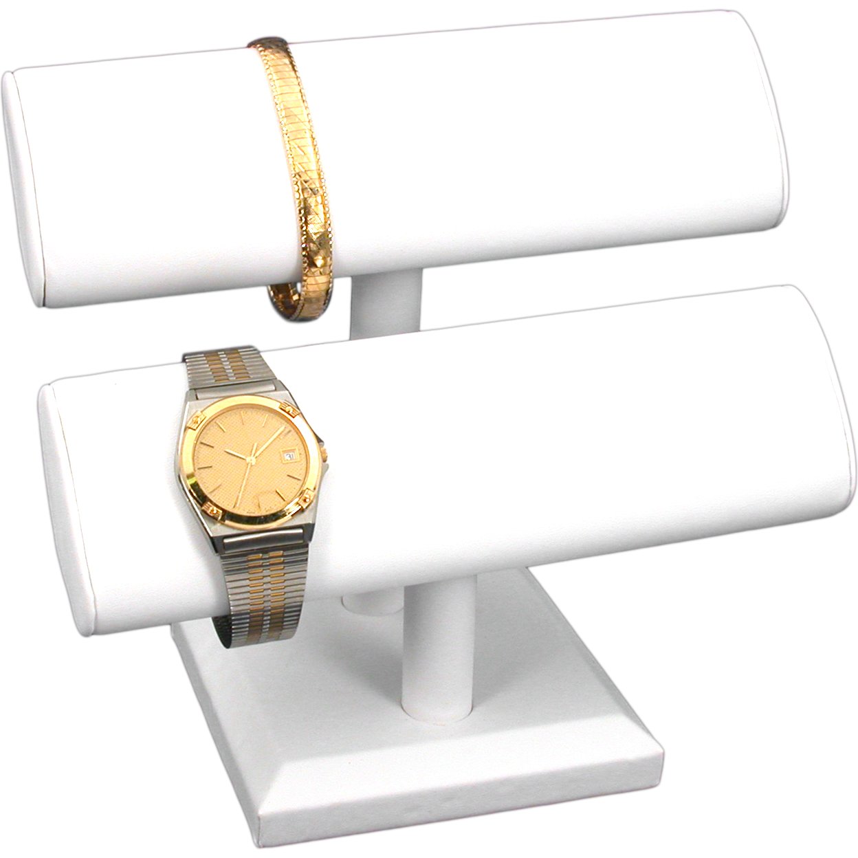 2 Tier White Leather Oval T-Bar Bracelet Watch Jewelry Display