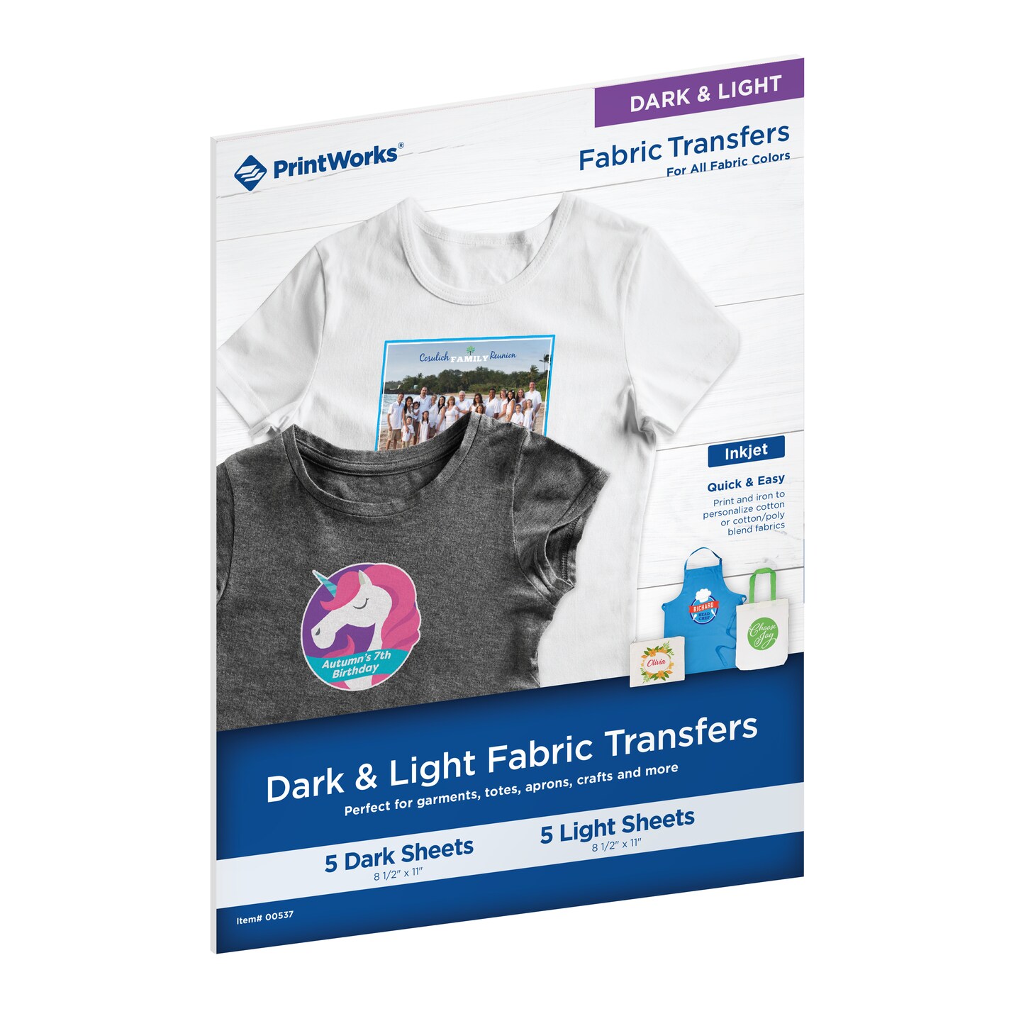 Printworks Dark &#x26; Light T-Shirt Transfers for Inkjet Printers, 5 Dark Sheets/5 Light Sheets, 10 Sheets Total, 8 &#xBD;&#x201D; x 11&#x201D; (00537)