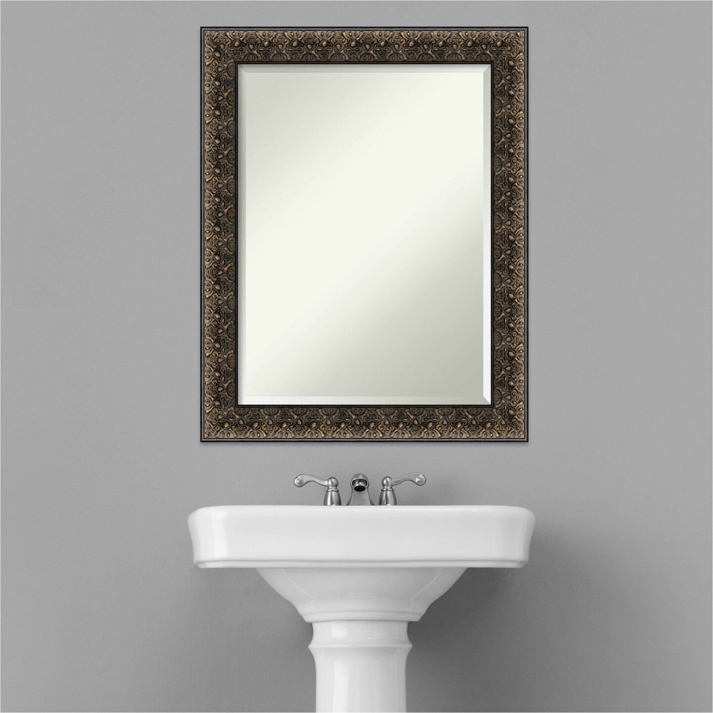 Beveled Wood Bathroom Wall Mirror, Intaglio Embossed Black Frame
