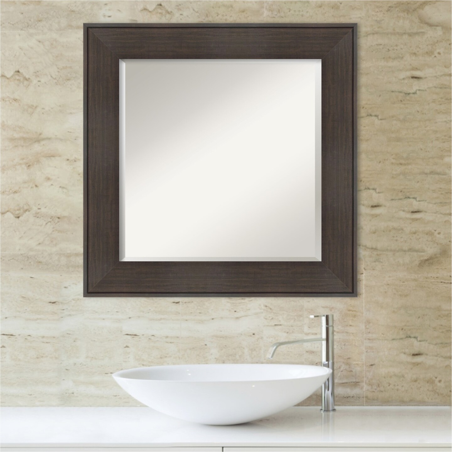 Beveled Bathroom Wall Mirror, William Rustic Woodgrain Frame