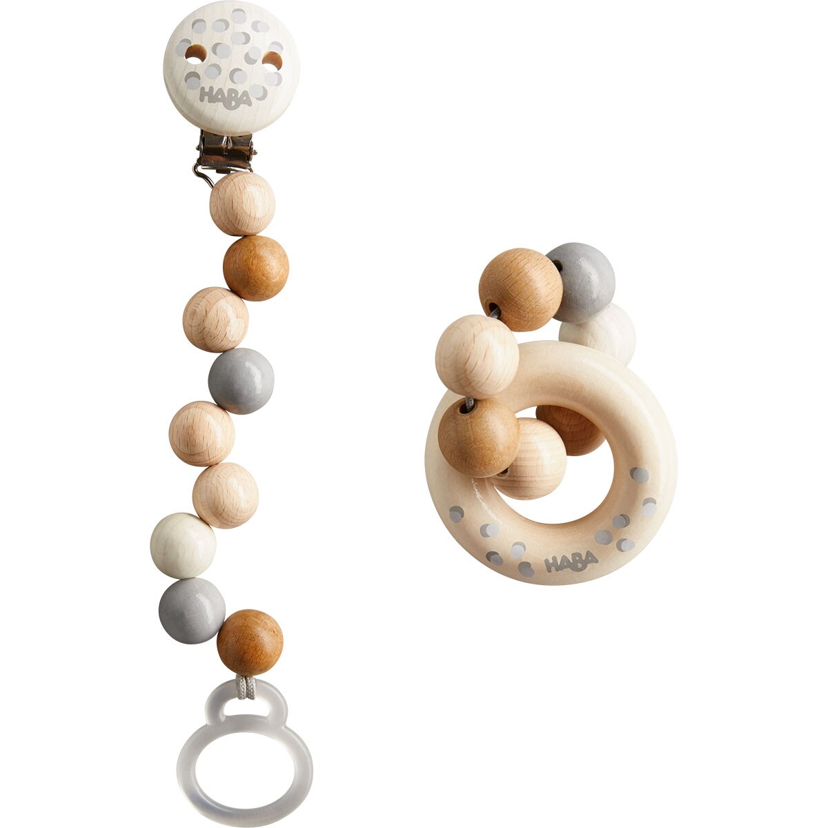 HABA Baby Gift Set Dots with Natural Wood Pacifier Chain and Clutching Toy