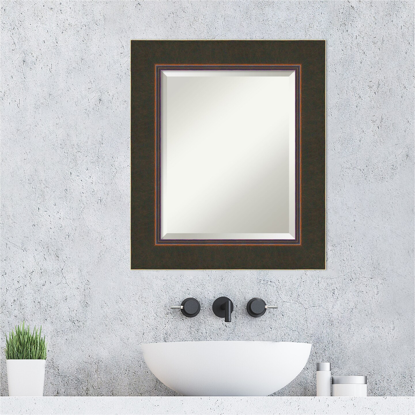 Beveled Wood Bathroom Wall Mirror, Milano Bronze Frame