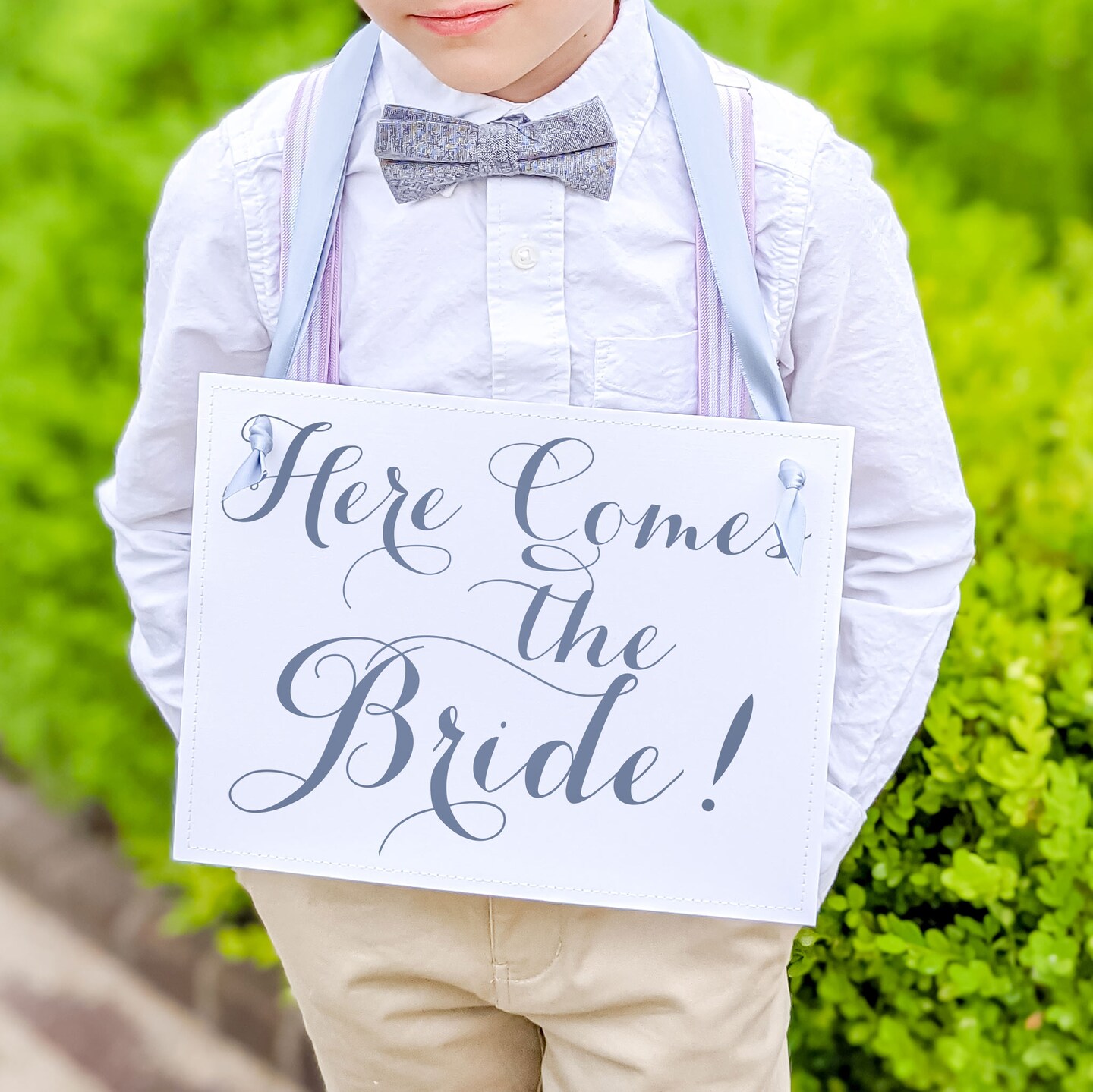 Ritzy Rose 2 Cute Ring Bearer Signs - Slate on 11x8in White Linen Cardstock with Dusty Blue Ribbon
