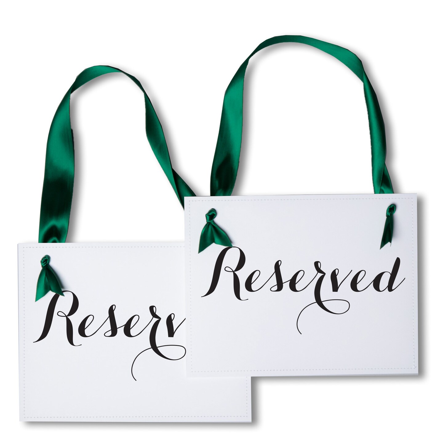 Ritzy Rose 2 Reserved Signs - Slate on 11x8in white Linen Cardstock with emerald green Ribbon