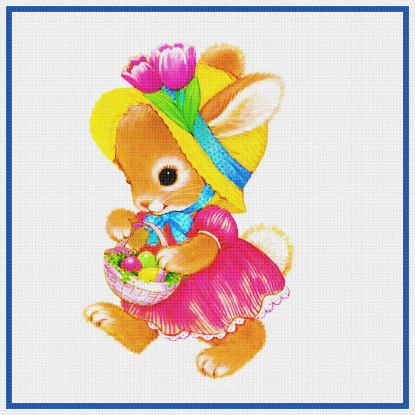 Contemporary Easter Bunny Pink Dress Basket of Eggs Counted Cross Stitch Pattern