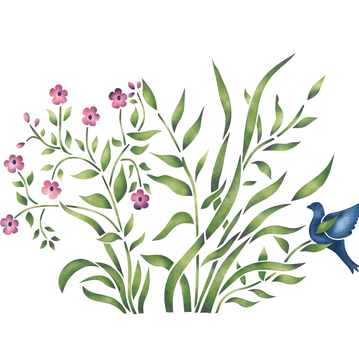 Grass with Bird and Flowers Wall Stencil | 1412 by Designer Stencils | Outdoor Stencils | Reusable Art Craft Stencils for Painting on Walls, Canvas, Wood | Reusable Plastic Paint Stencil for Home Makeover | Easy to Use &#x26; Clean Art Stencil