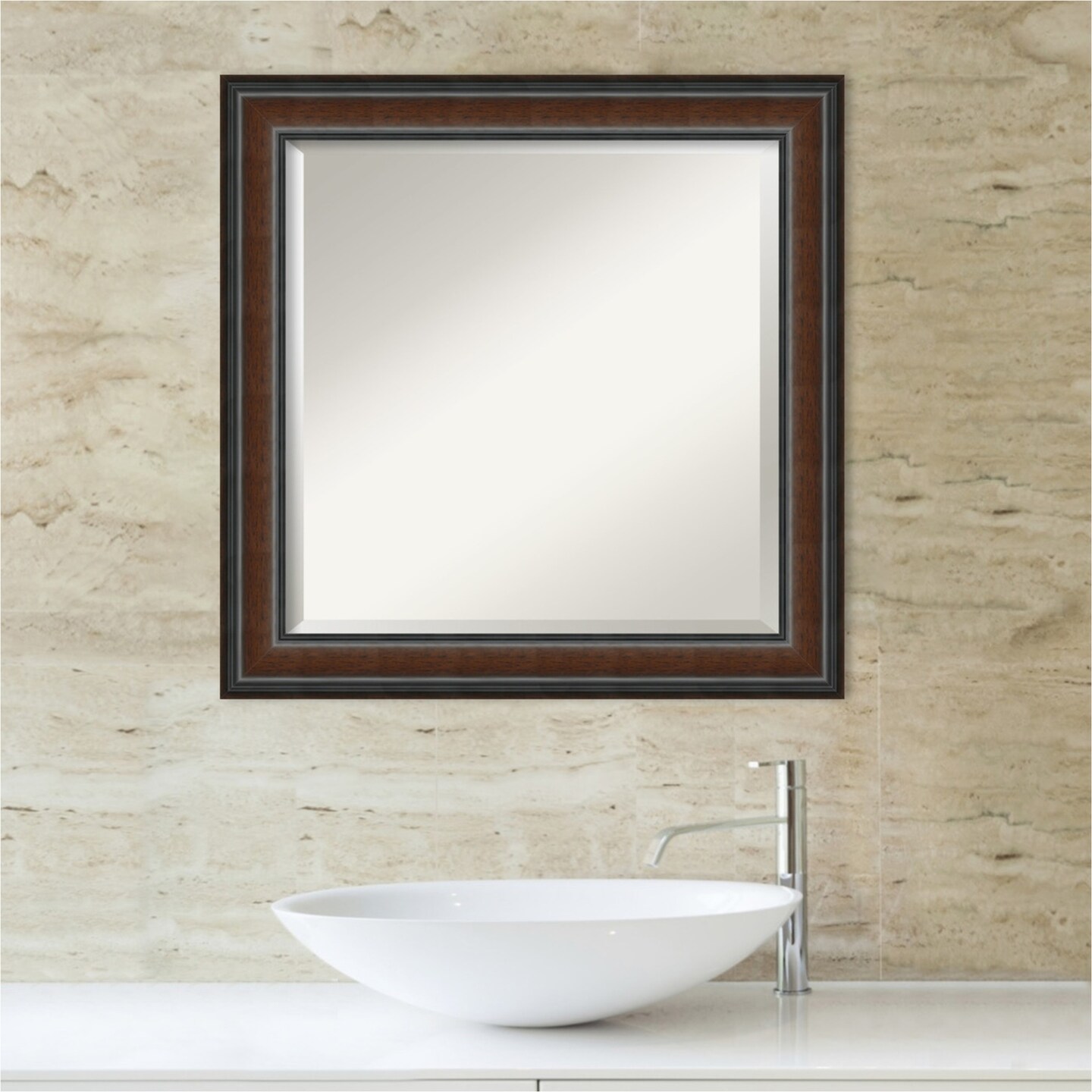 Beveled Wood Bathroom Wall Mirror, Cyprus Walnut Narrow Frame