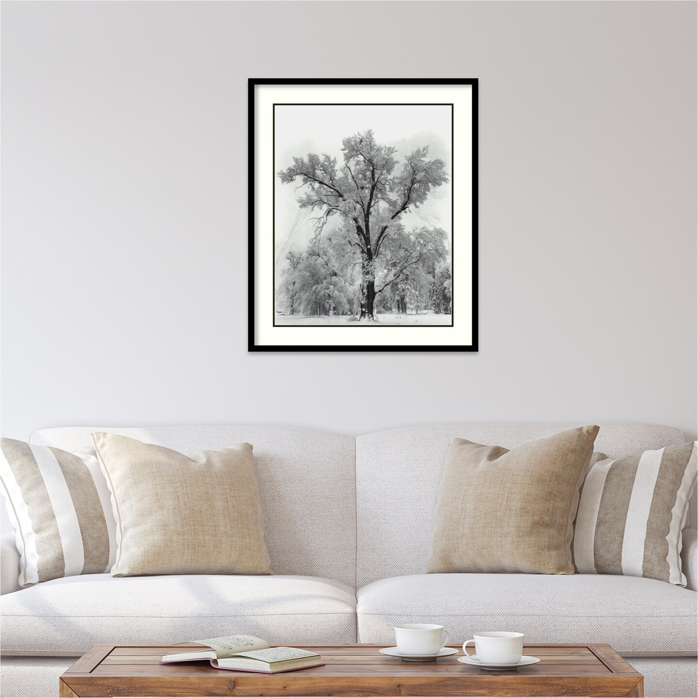 Oak Tree Snowstorm Yosemite National Park 1948 by Ansel Adams Wood Framed Wall Art Print 27 in. W x 32 in. H