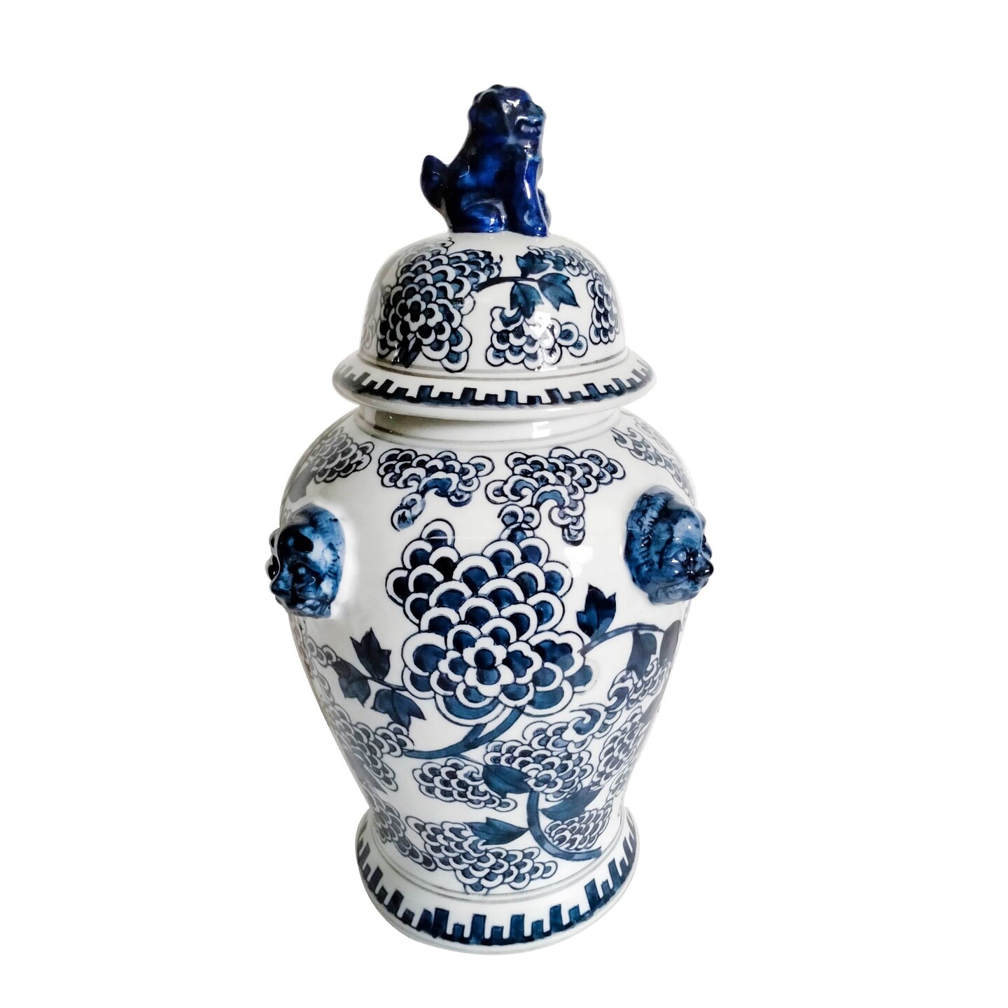 Kingston Living 18" Blue and White Ceramic Lion Heads Temple Jar with Lid Vases & Containers