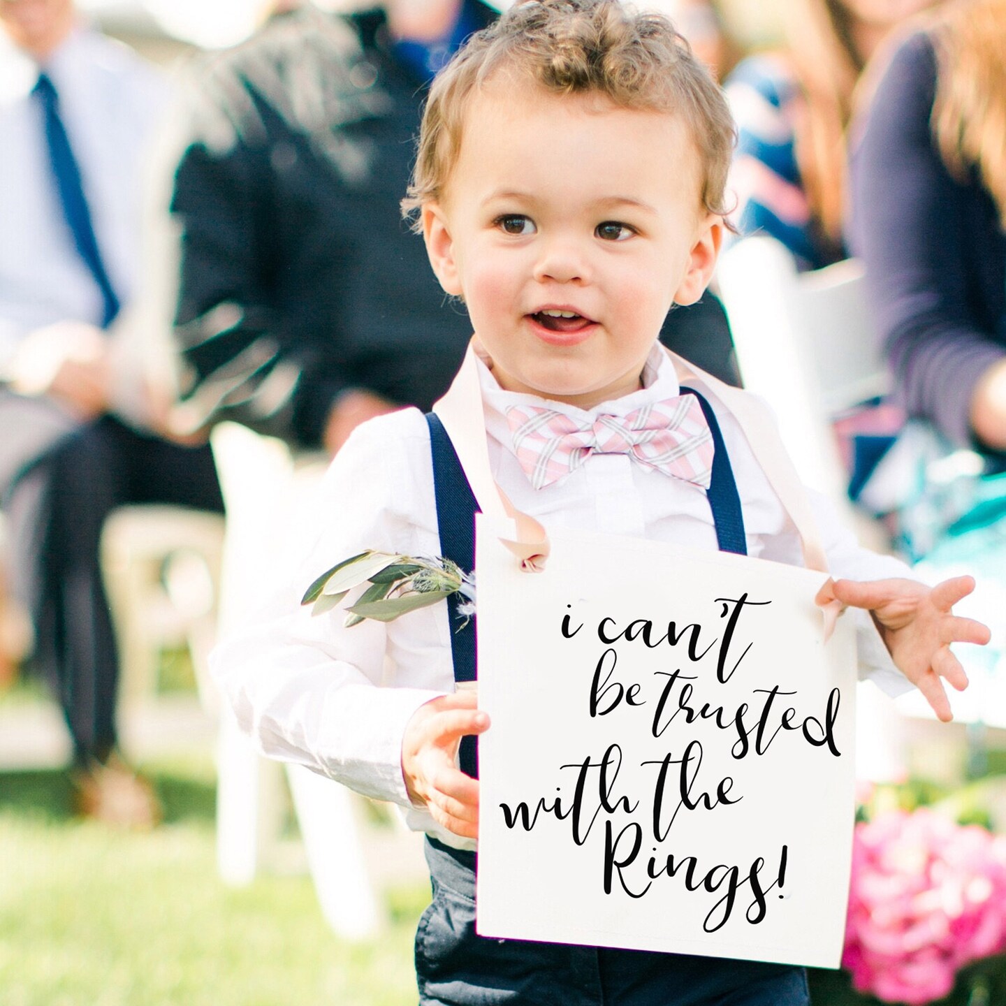 Ritzy Rose Funny Ring Bearer Sign - Black on 11x8in Ivory Linen Cardstock with champagne Ribbon