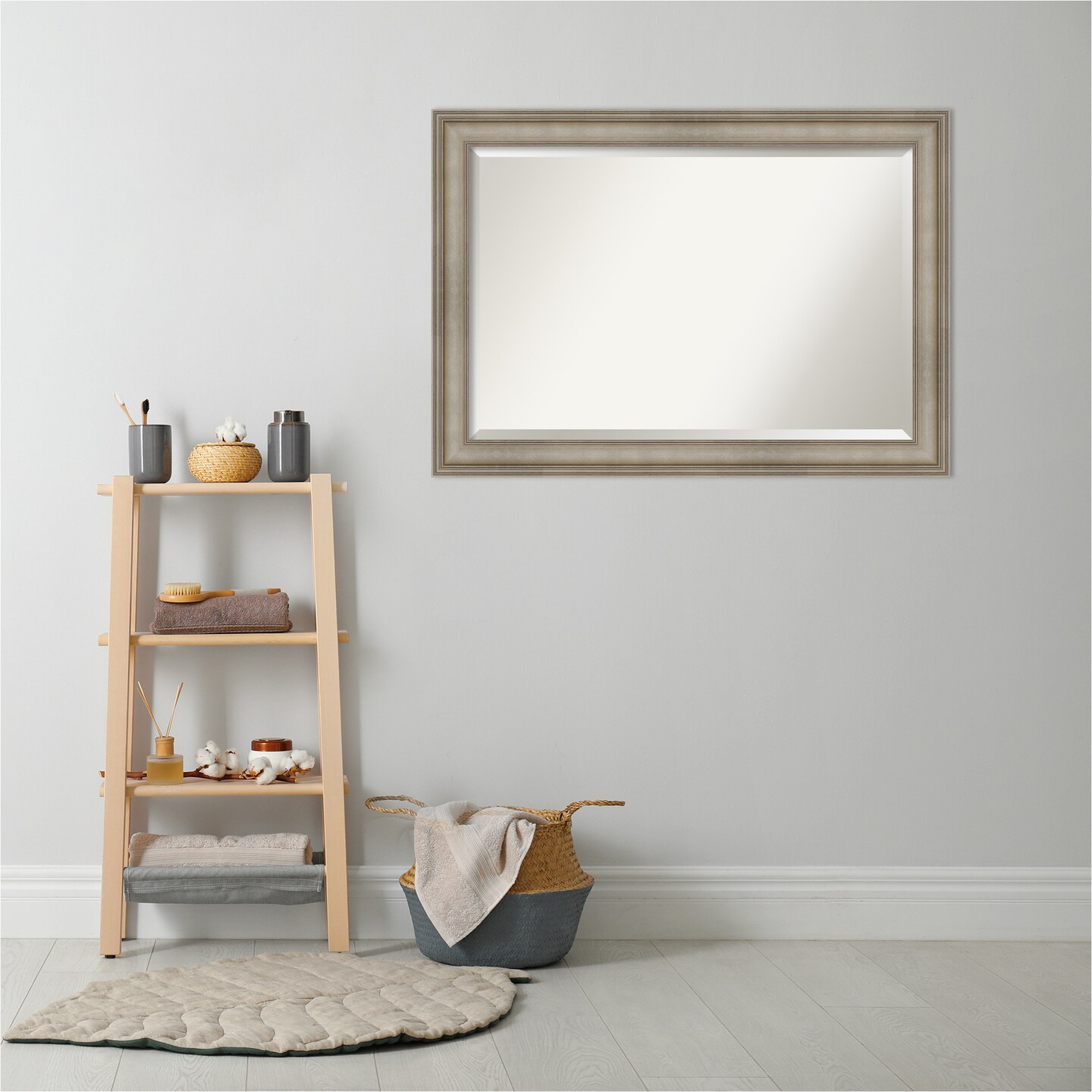 Beveled Wood Bathroom Wall Mirror, Mezzanine Antique Silver Narrow Frame