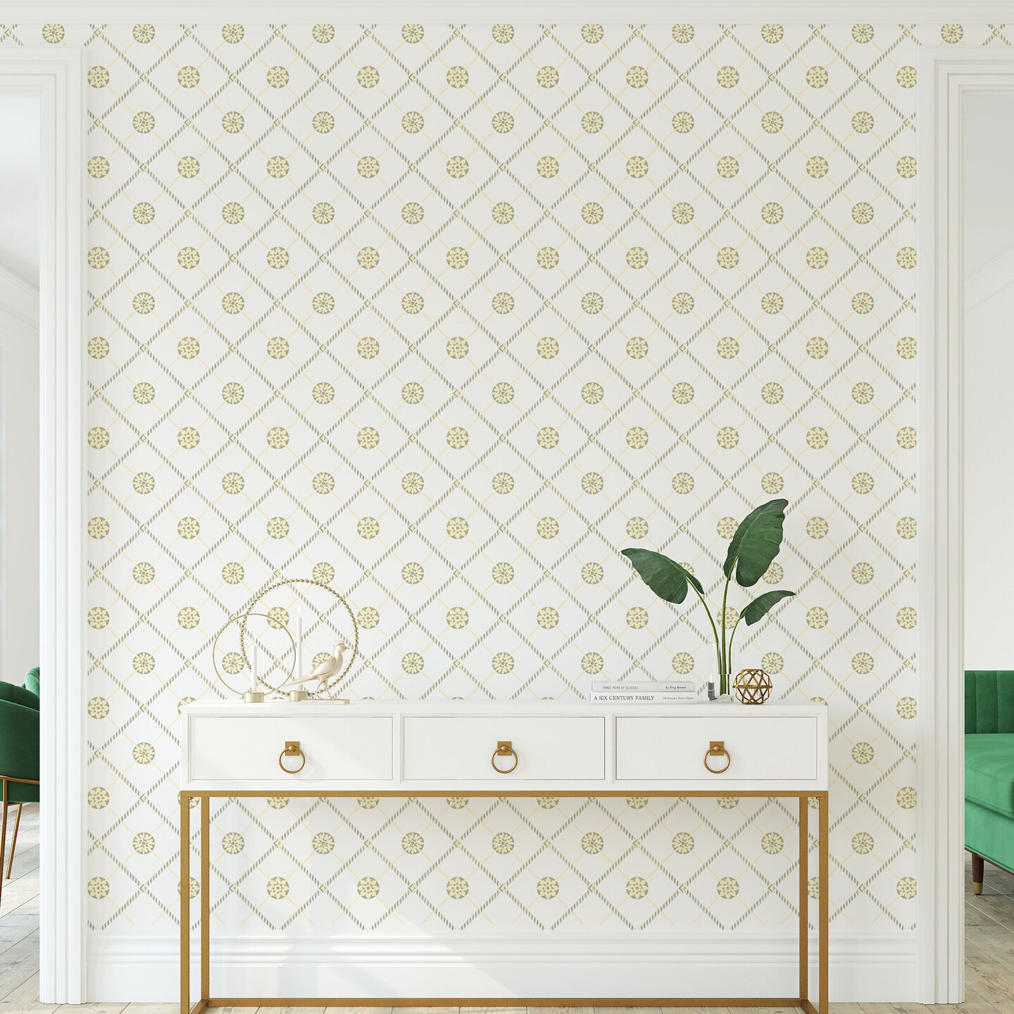 Rosette Grid Wallpaper Wall Stencil | 2458 by Designer Stencils | Pattern Stencils | Reusable Stencils for Painting | Safe & Reusable Template for Wall Decor | Try This Stencil Instead of a Wallpaper | Easy to Use & Clean Art Stencil Pattern