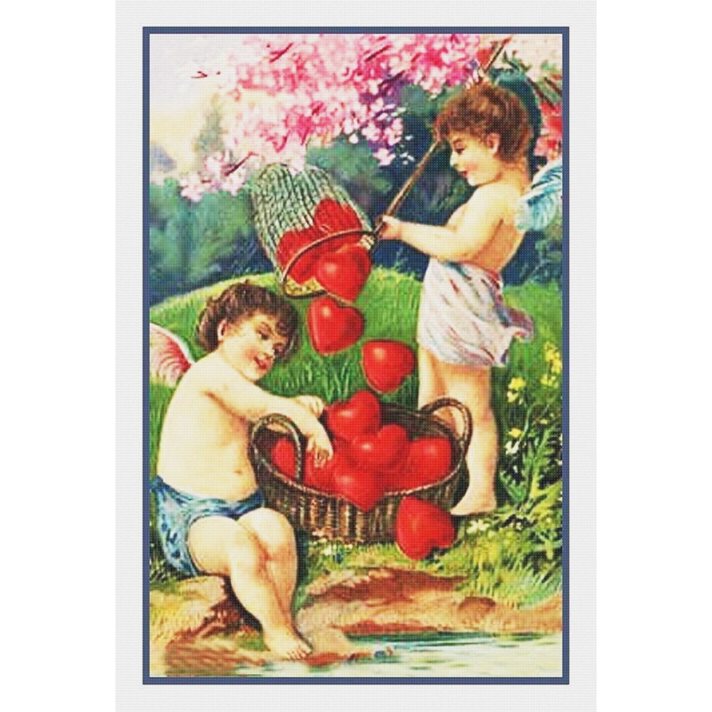 Valentine Cherubs Fishing for Heart Love Counted Cross Stitch Pattern