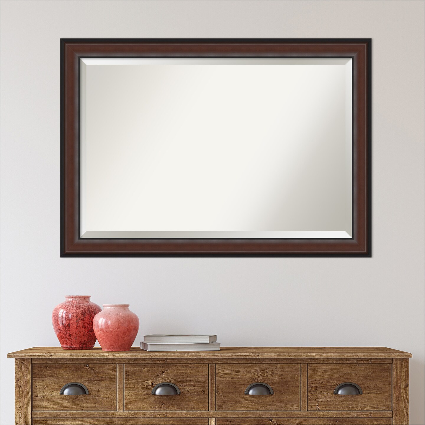 Beveled Bathroom Wall Mirror, Harvard Walnut Frame