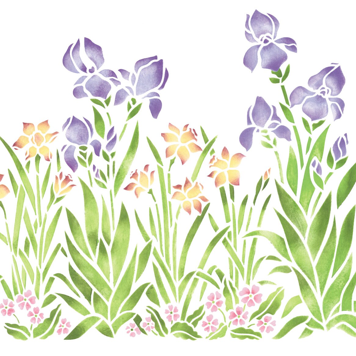 Small Iris, Daffodil and Violet Garden Wall Stencil | 156B by Designer Stencils | Floral Stencils |