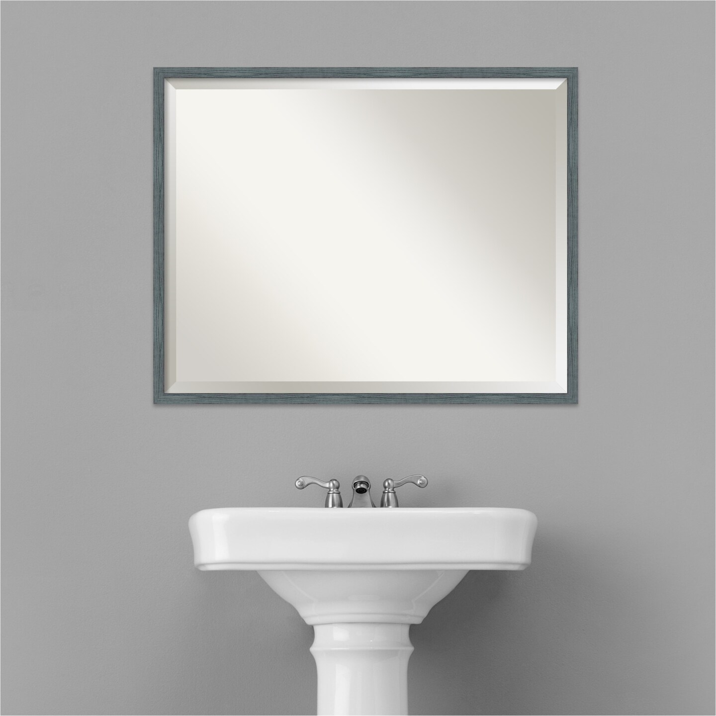 Beveled Wood Bathroom Wall Mirror, Dixie Blue Grey Rustic Narrow Frame