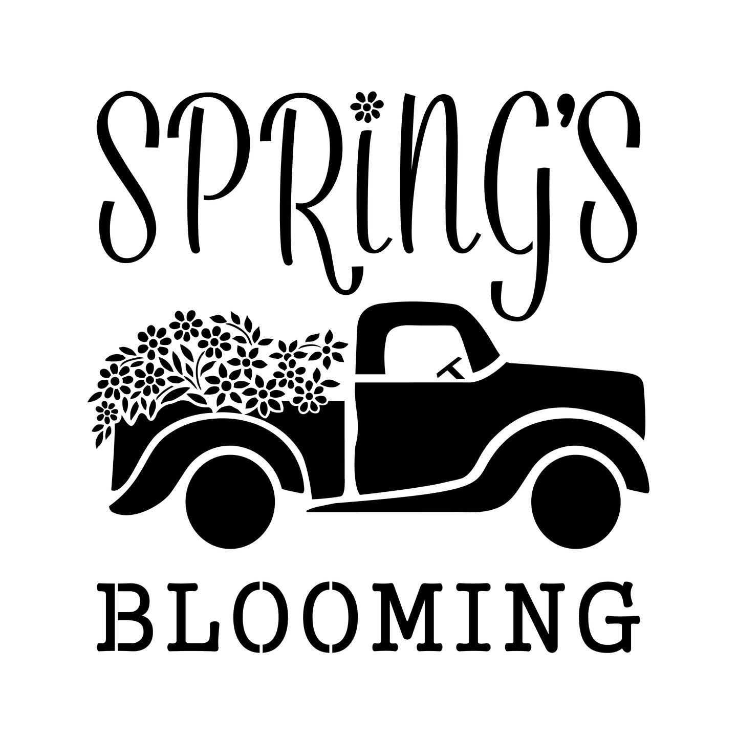 Spring&#x27;s Blooming Vintage Truck &#x26; Flowers Embossing 12 x 12 Stencil | FS091 by Designer Stencils | Word &#x26; Phrase Stencils | Reusable Stencils for Painting on Wood, Wall, Tile, Canvas, Paper, Fabric, Furniture, Floor | Stencil for Home Makeover