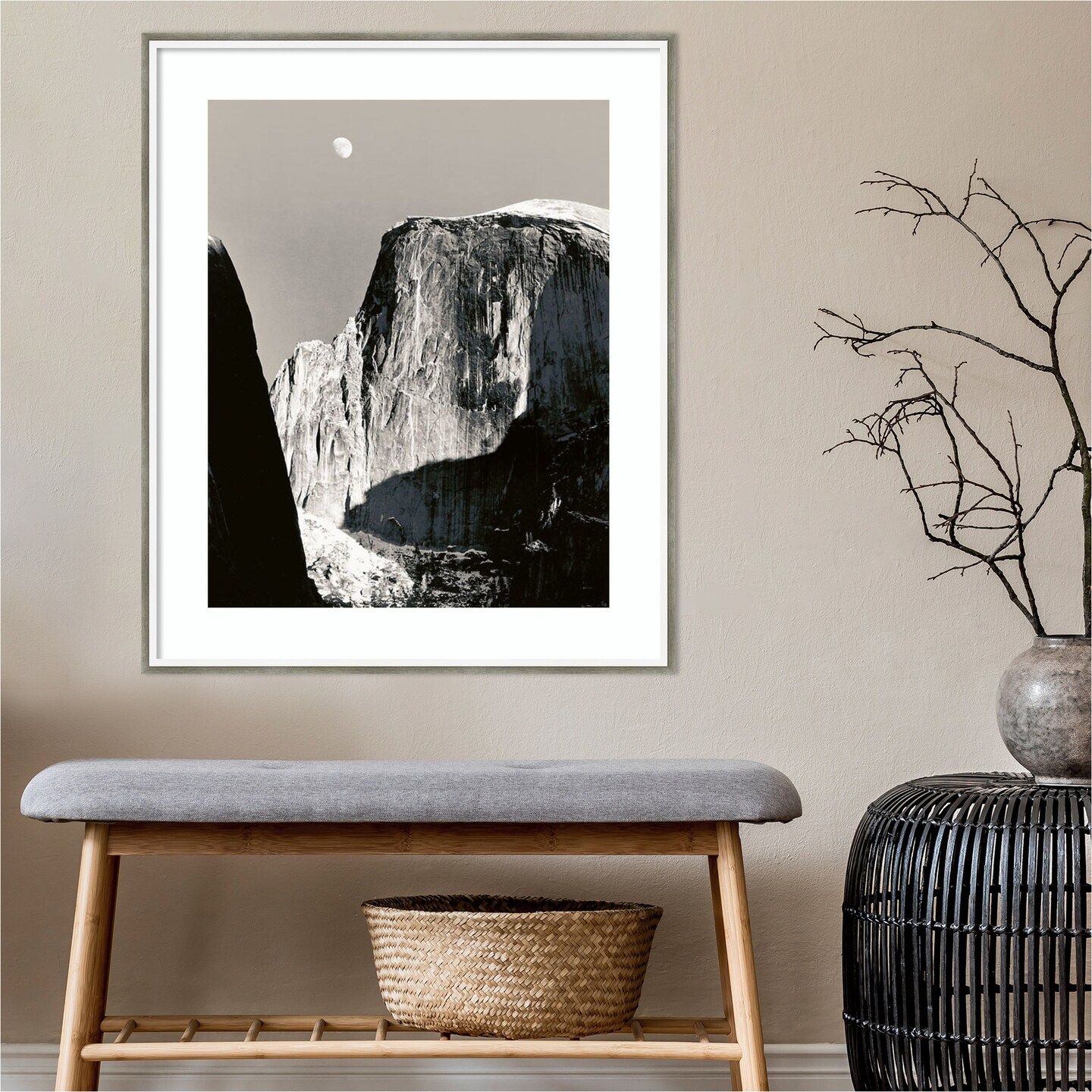 Moon Over Half Dome by Ansel Adams Wood Framed Wall Art Print