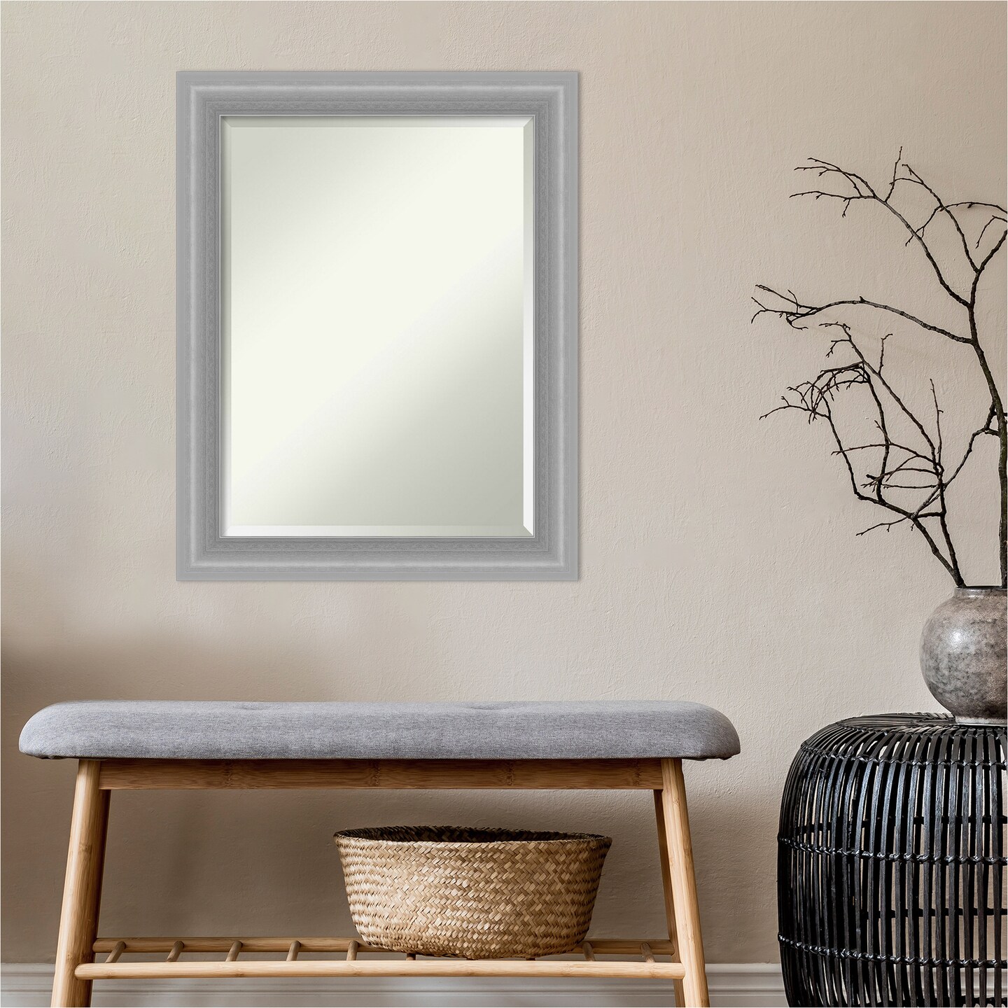 Beveled Bathroom Wall Mirror, Peak Polished Nickel Narrow Frame