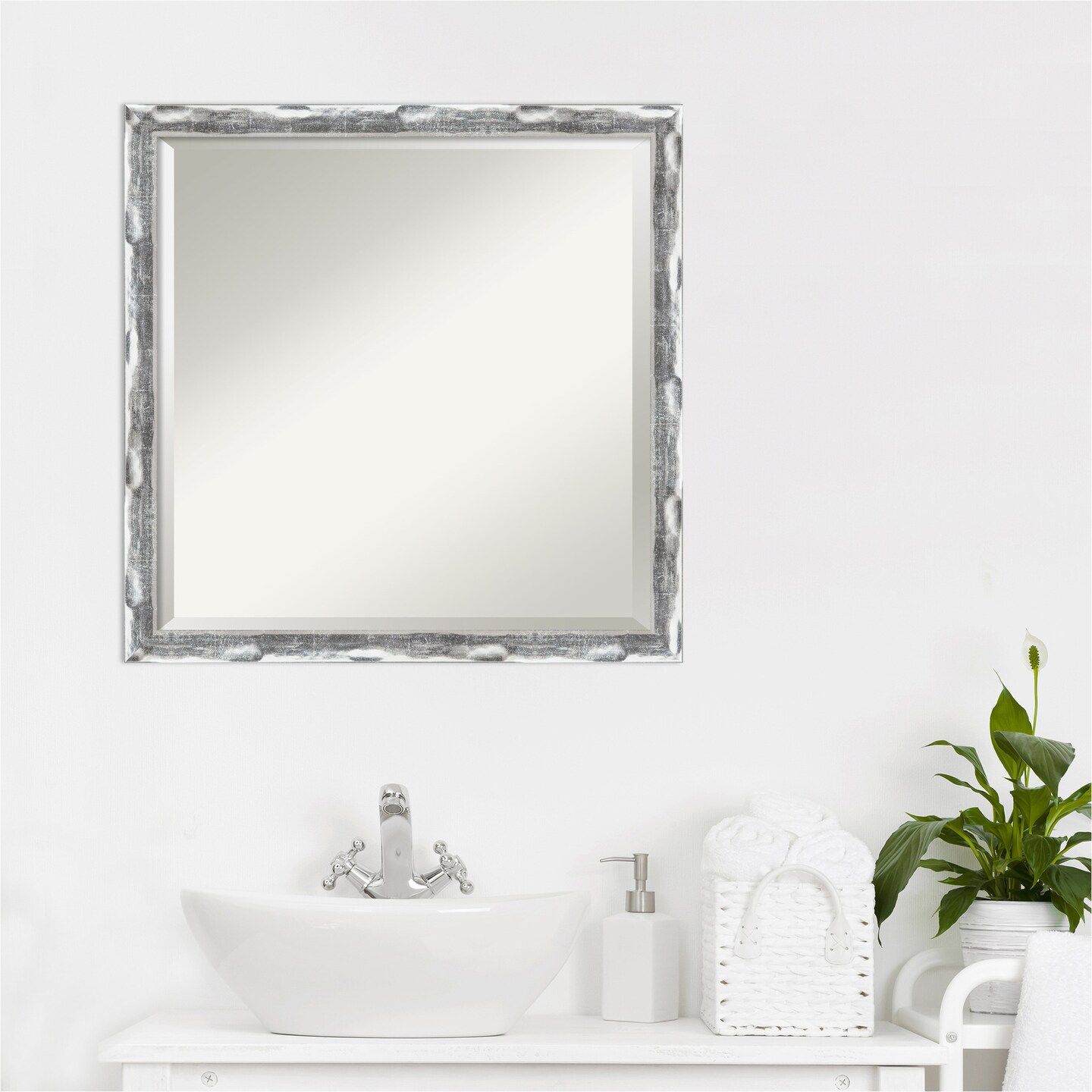 Beveled Bathroom Wall Mirror, Scratched Wave Chrome Frame