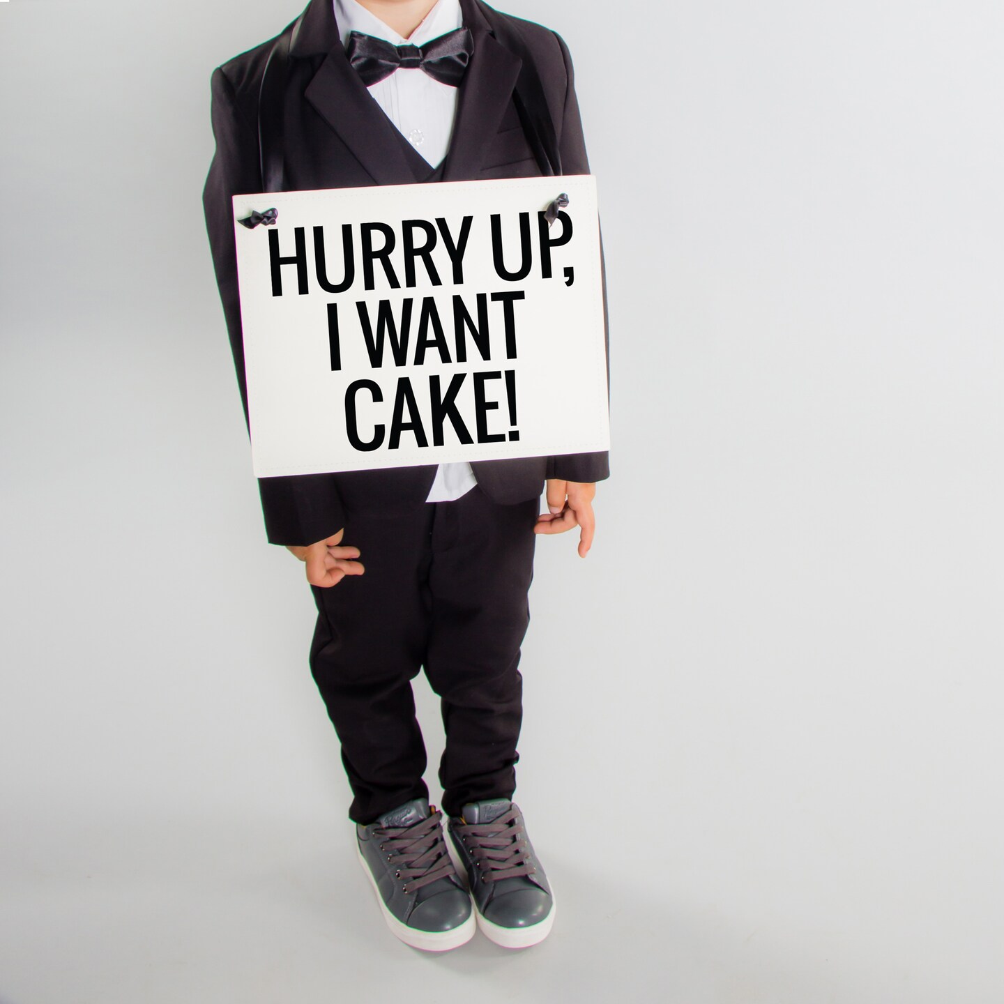 Ritzy Rose Funny Ring Bearer Sign - Black on 11x8in Ivory Linen Cardstock with Black Ribbon