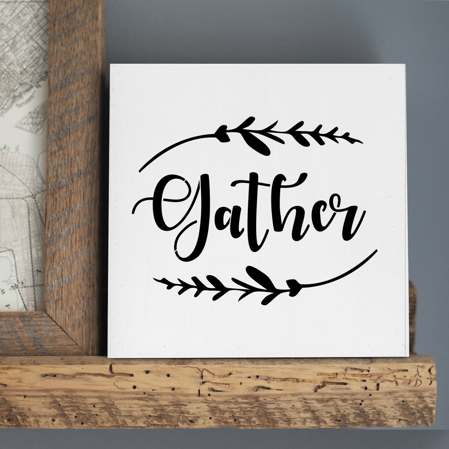 Gather with Leaf Sprigs Embossing 12 x 12 Stencil | FS019 by Designer Stencils | Word &#x26; Phrase Stencils | Reusable Stencils for Painting on Wood, Wall, Tile, Canvas, Paper, Fabric, Furniture, Floor | Reusable Stencil for Home Makeover