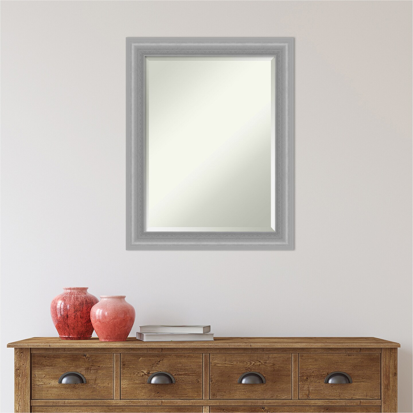 Beveled Bathroom Wall Mirror, Peak Polished Nickel Narrow Frame
