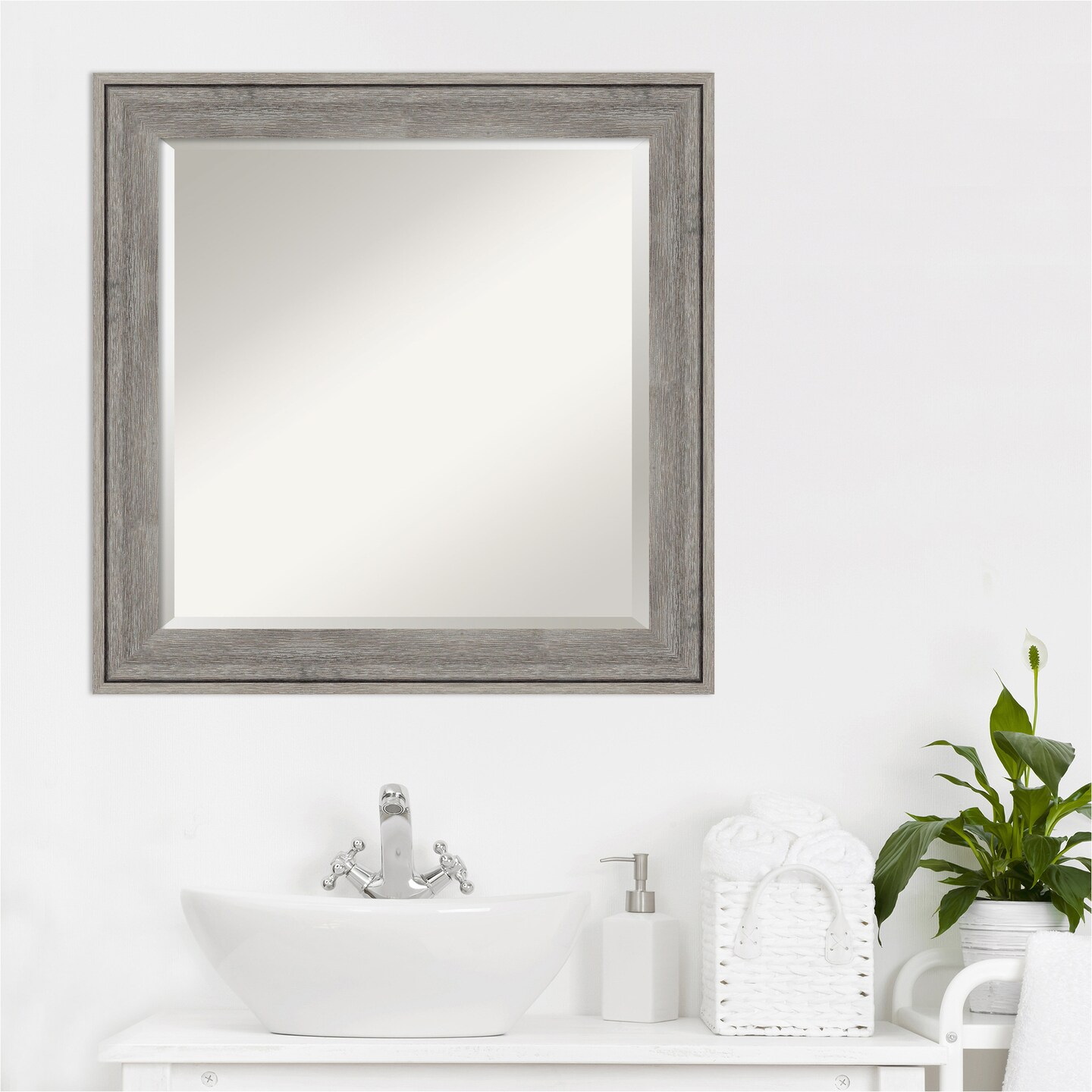 Beveled Wood Bathroom Wall Mirror, Regis Barnwood Grey Frame