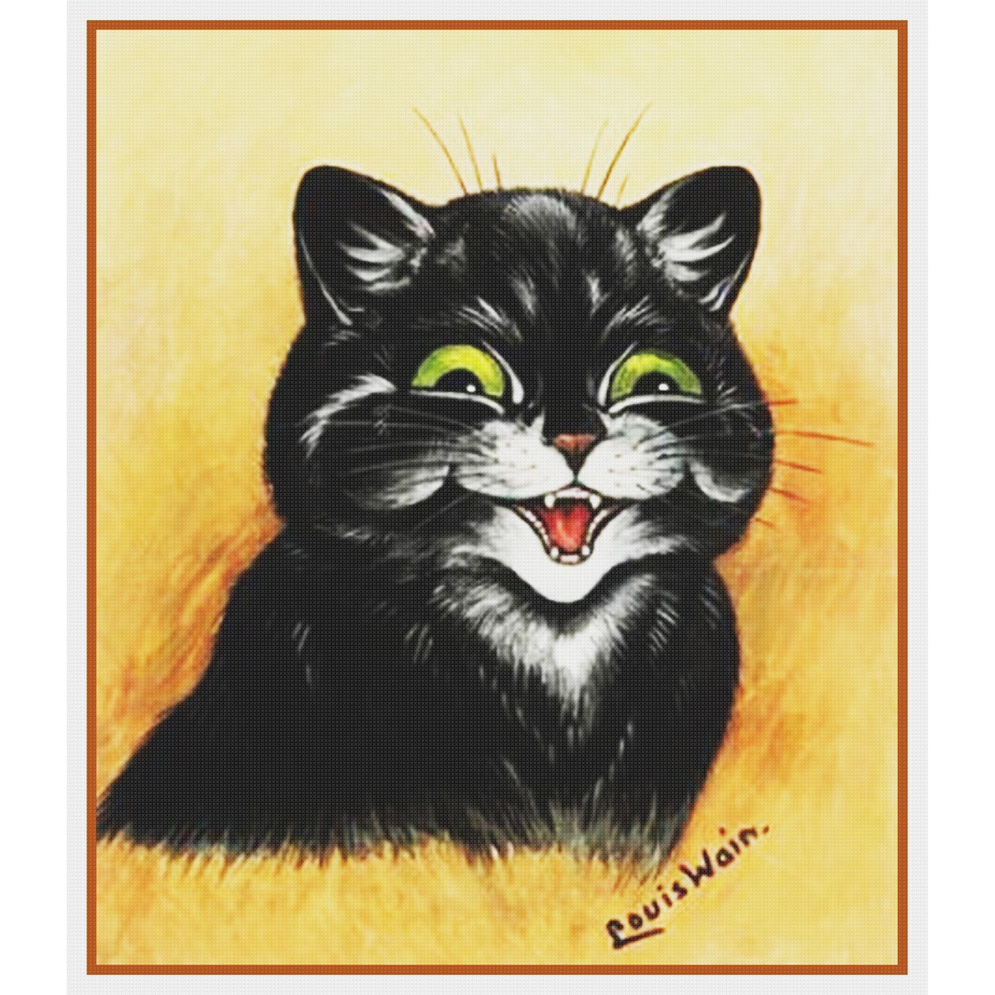Louis Wain&#x27;s Smiling Black Kitty Cat Counted Cross Stitch Chart Pattern