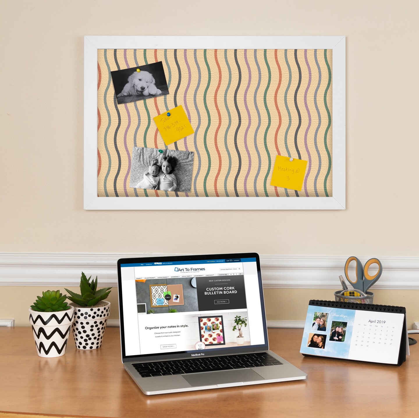 PinPix Custom Bulletin Board Multi Color Waves Poster Board Has a Fabric Style Canvas Finish, Framed in Satin White Frame, by ArtToFrames (PinPix-565)