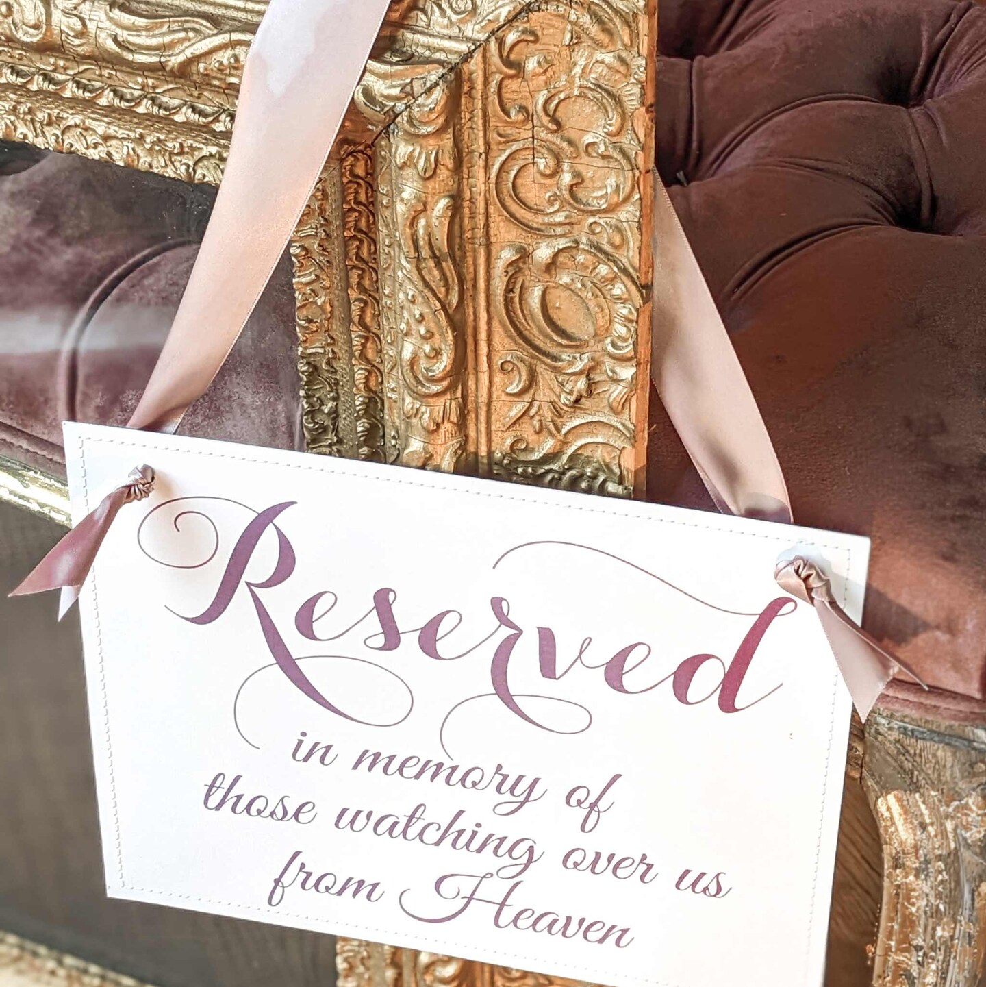 Ritzy Rose Memorial Chair Sign - Fig on 11x8in Ivory Linen Cardstock with Rose Gold Ribbon