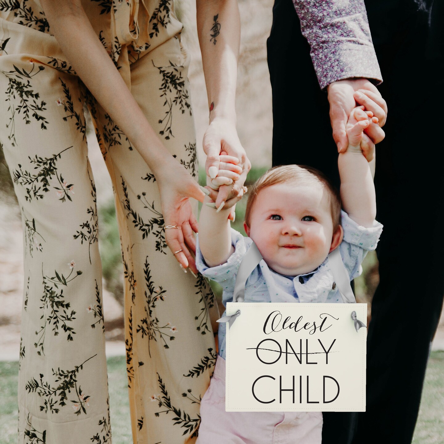 Ritzy Rose Pregnancy Announcement Sign - Black on 11x8in White Linen Cardstock with Gray Ribbon