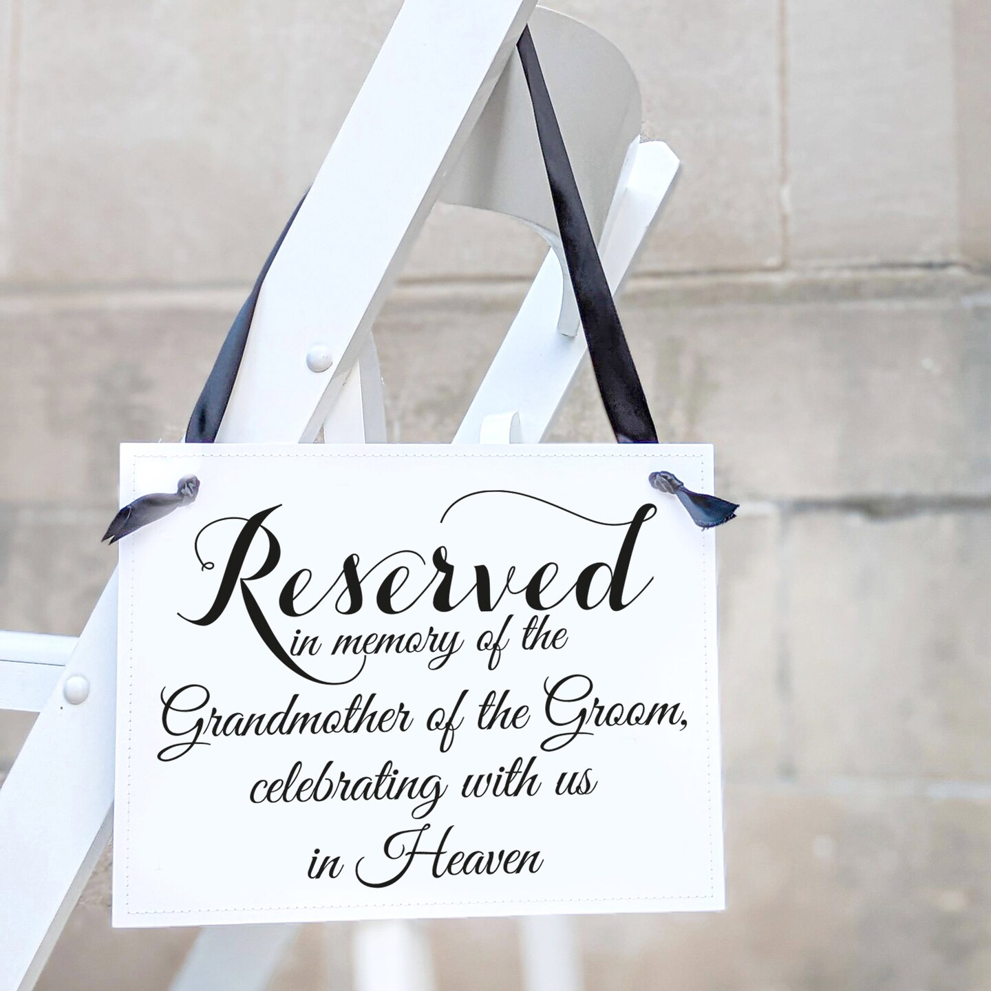 Ritzy Rose Grandmother of the Groom Memorial Sign - Black on 11x8in White Linen Cardstock with Black Ribbon