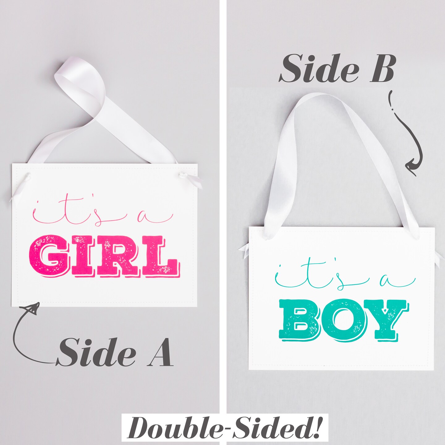 Ritzy Rose Gender Reveal Sign - Pink and Blue on 11x8in White Linen Cardstock with White Ribbon