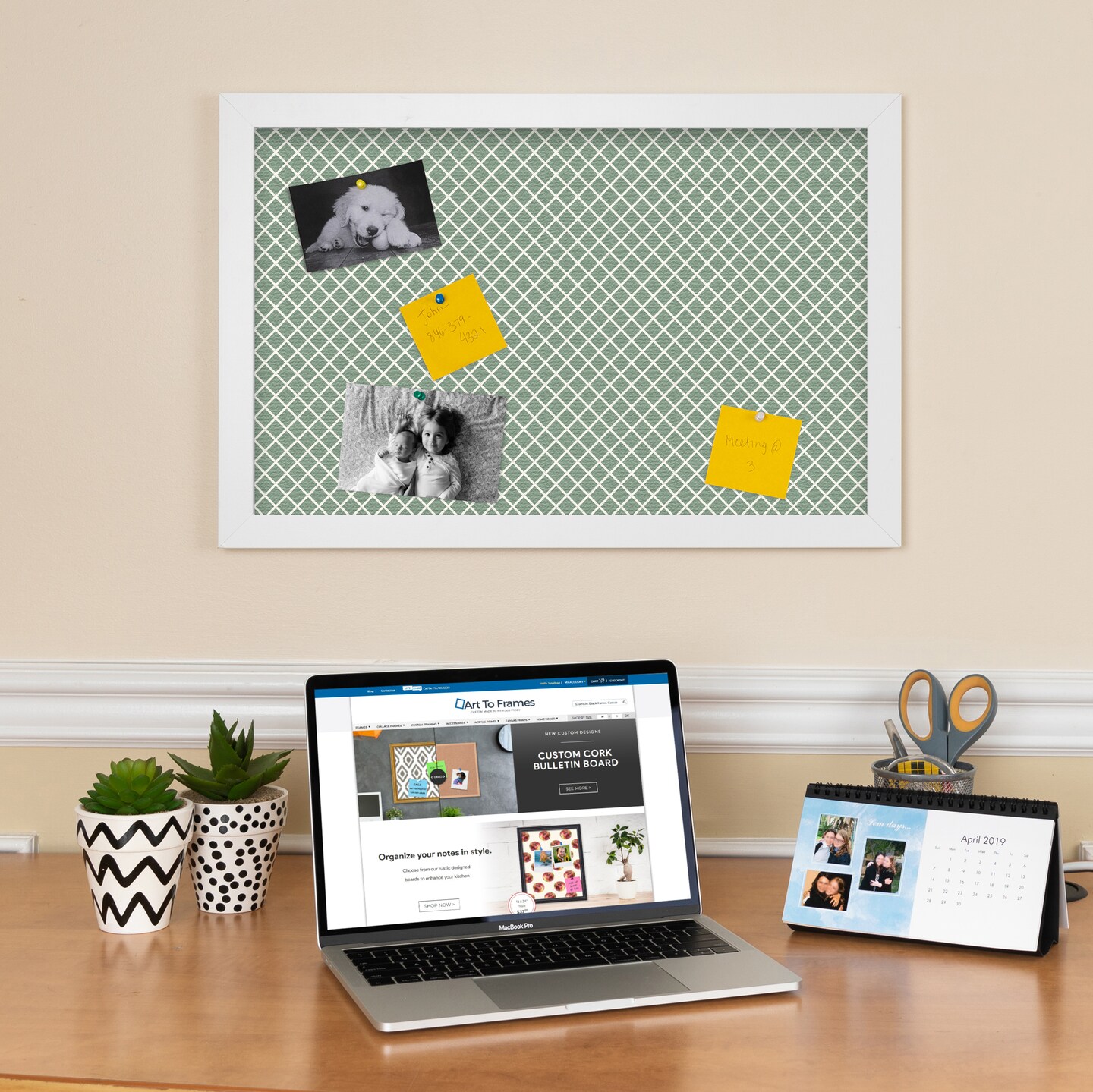 PinPix Custom Bulletin Board Nile Green Diamond Poster Board Has a Fabric Style Canvas Finish, Framed in Satin White Frame, by ArtToFrames (PinPix-380)