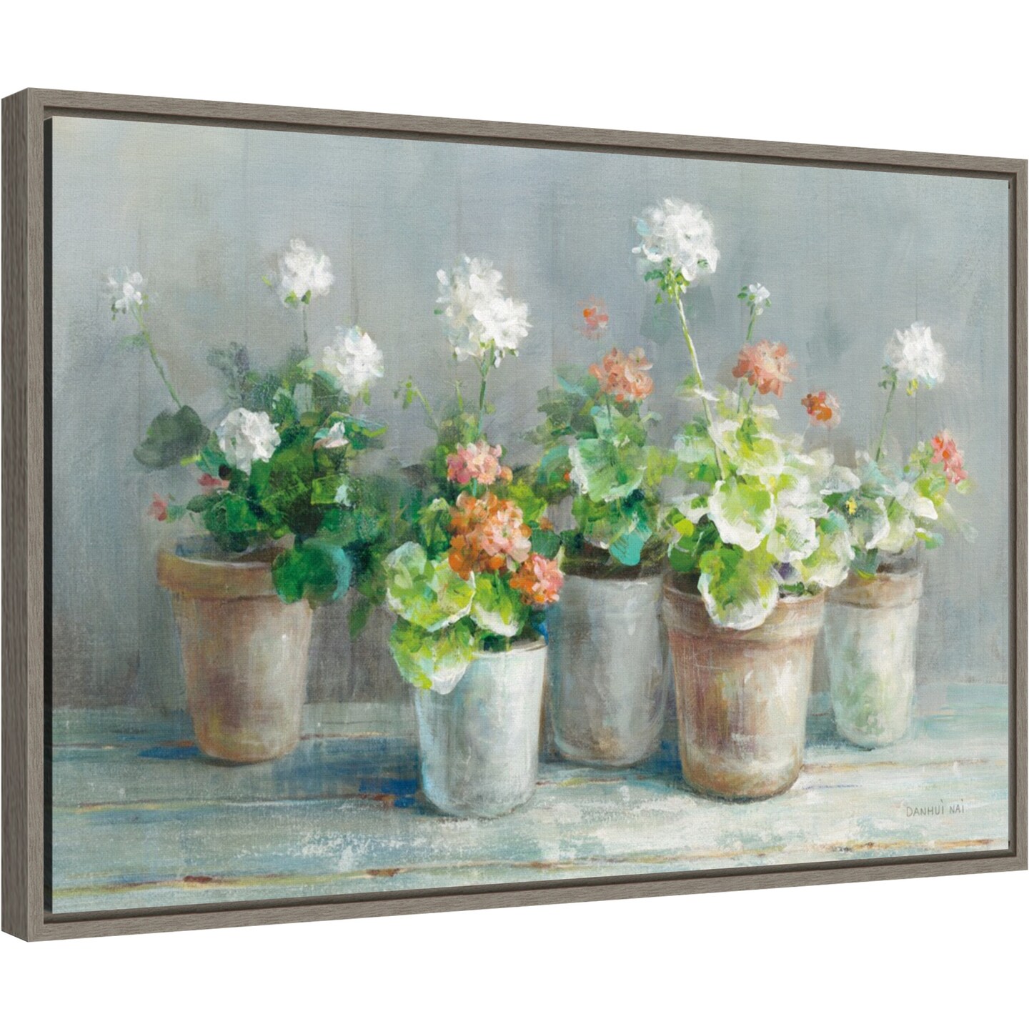 Farmhouse Geraniums in Vases by Danhui Nai 23-in. W x 16-in. H. Canvas Wall Art Print Framed in Grey