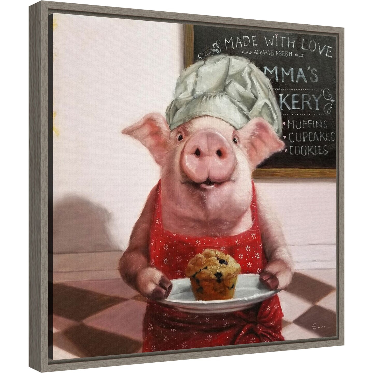 Pinkies Bakery (Pig) by Lucia Heffernan 16-in. W x 16-in. H. Canvas Wall Art Print Framed in Grey