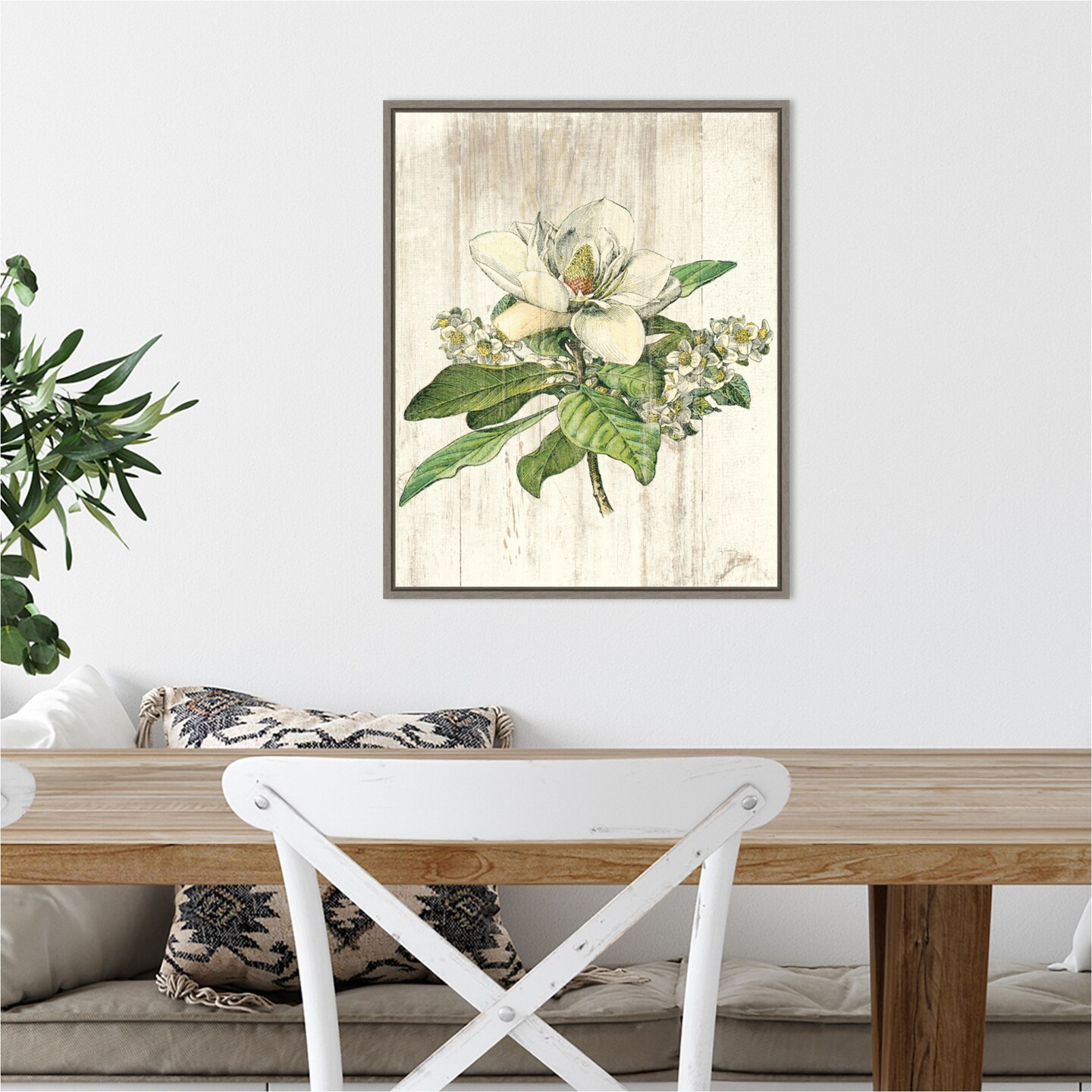 Magnolia de Printemps Flower by Sue Schlabach 16-in. W x 20-in. H. Canvas Wall Art Print Framed in Grey