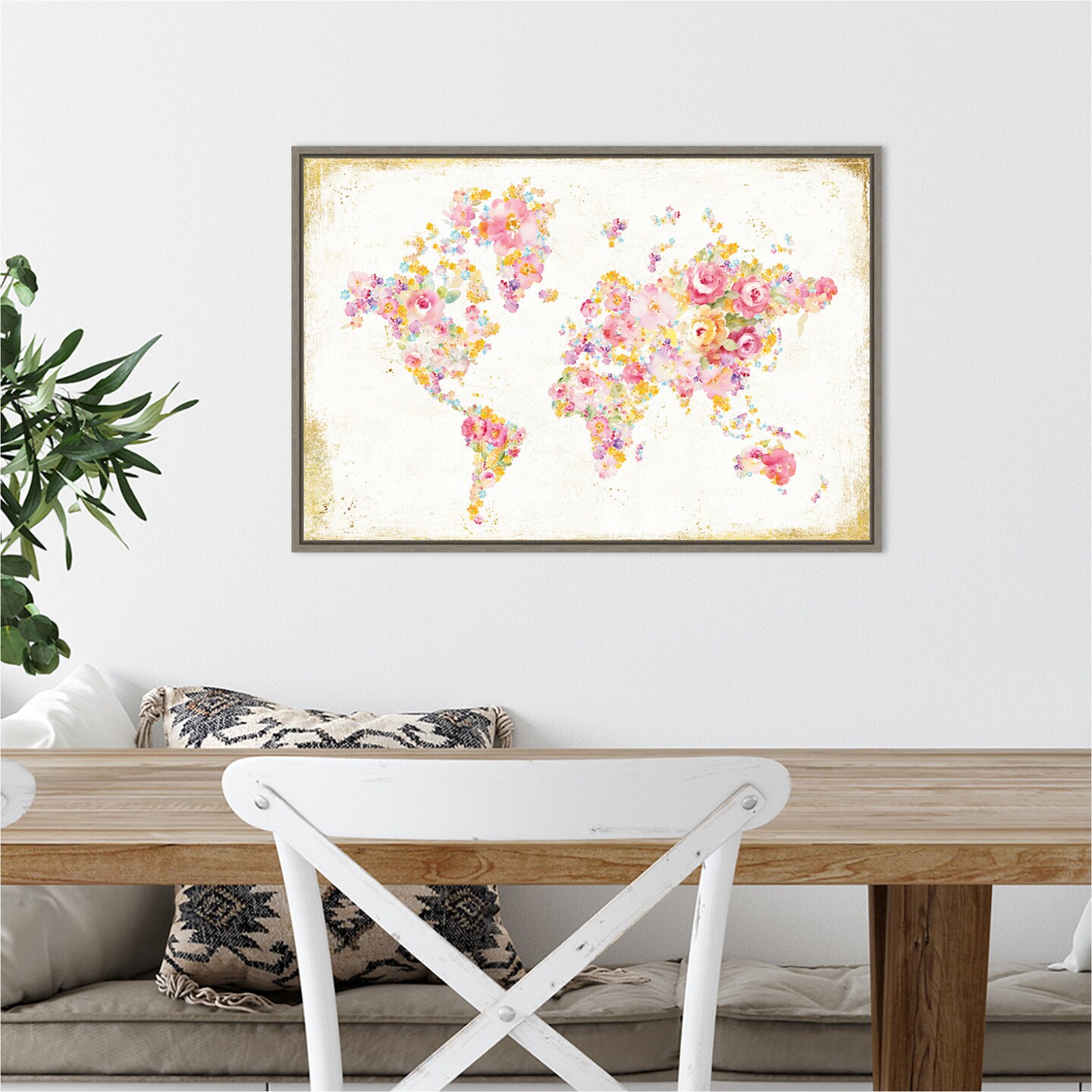 Midsummer World Map by Danhui Nai 23-in. W x 16-in. H. Canvas Wall Art Print Framed in Grey