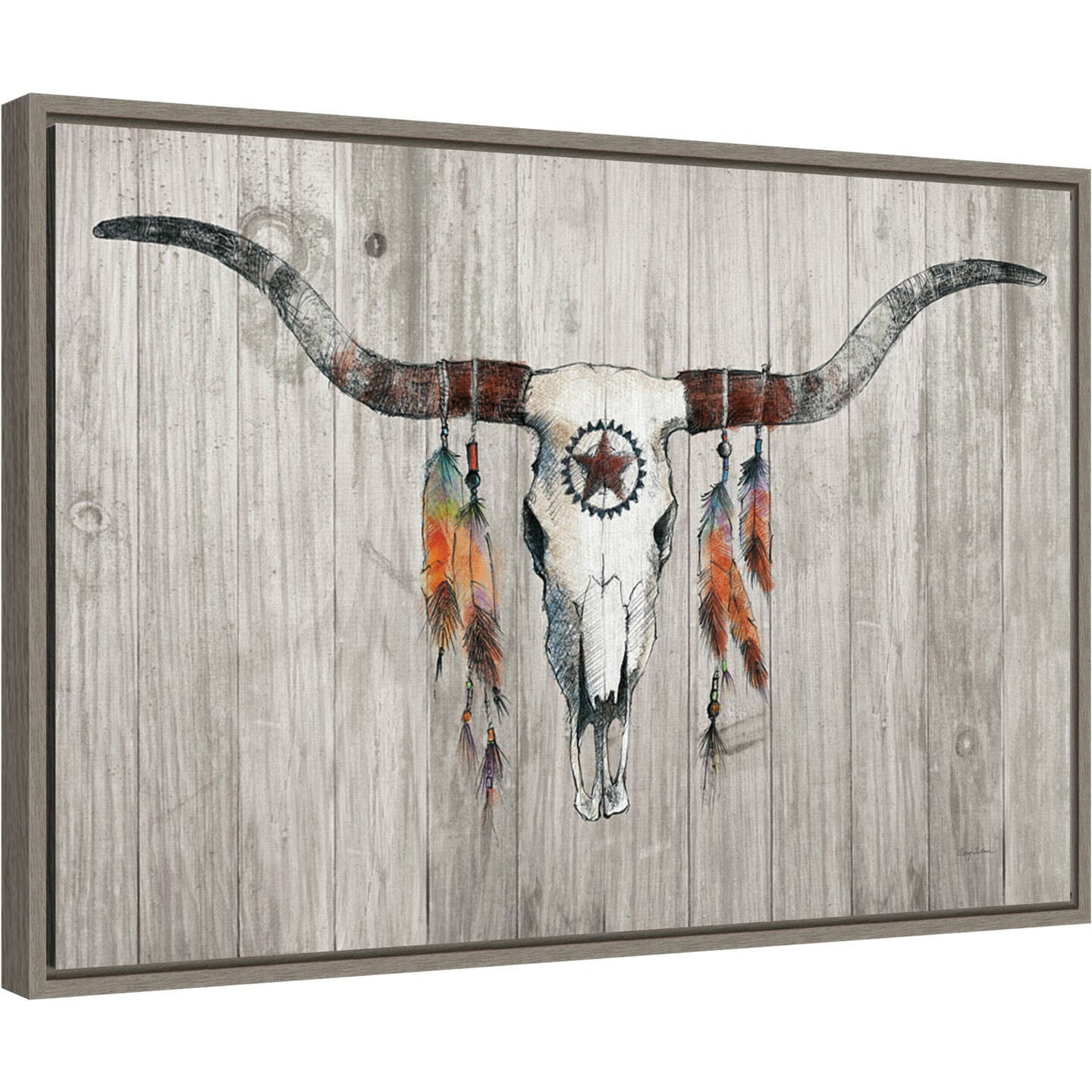 Longhorn on Wood by Avery Tillmon 23-in. W x 16-in. H. Canvas Wall Art Print Framed in Grey