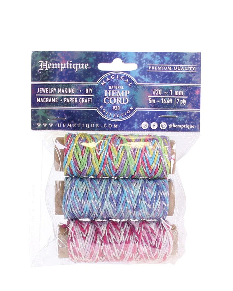 Hemptique 3-Pack Hemp Metallic Magical Mini Spool Bag Set Eco Friendly Sustainable Naturally Grown Jewelry Bracelet Making Paper Crafting Scrapbooking Bookbinding Mixed Media Crocheting Macrame Seasonal Holiday Gift Wrapping Outdoor Gardening