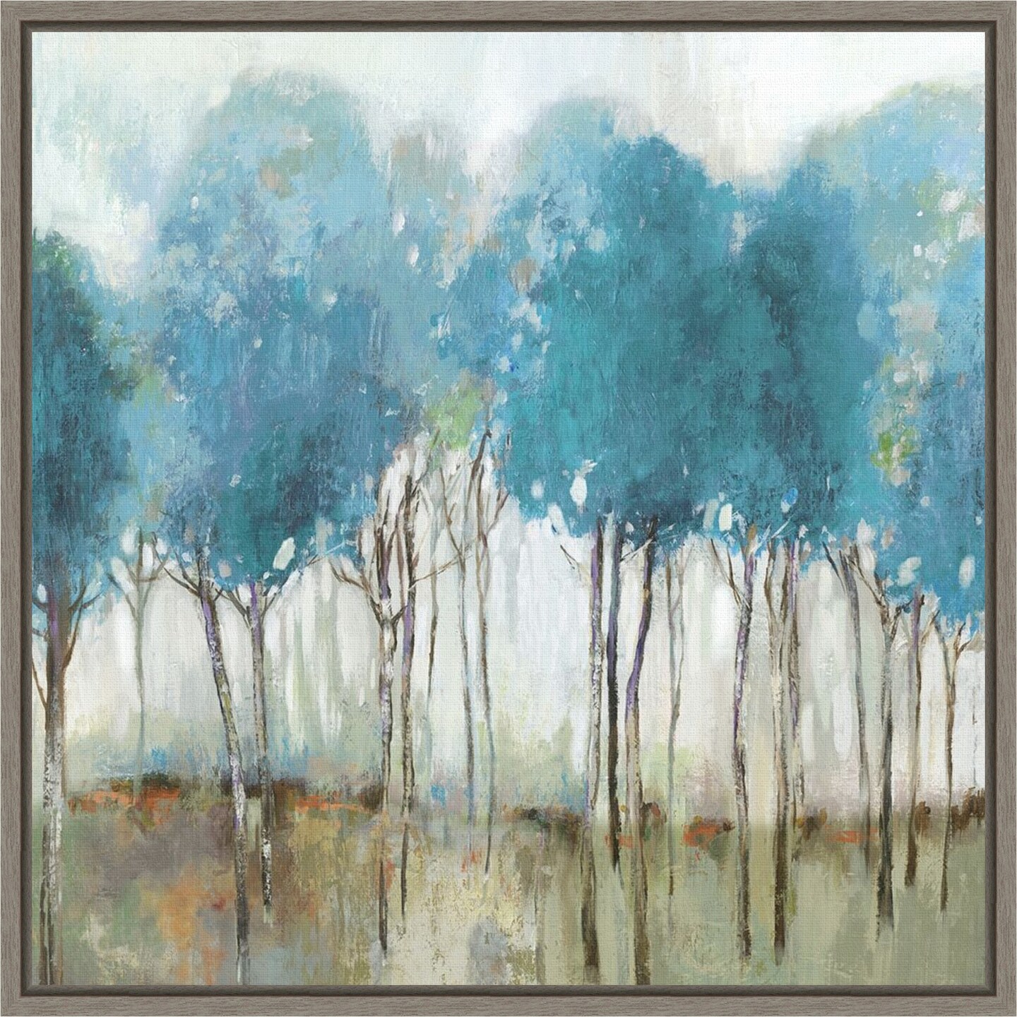 Misty Meadow I (Teal Trees) by Allison Pearce 16-in. W x 16-in. H. Canvas Wall Art Print Framed in Grey