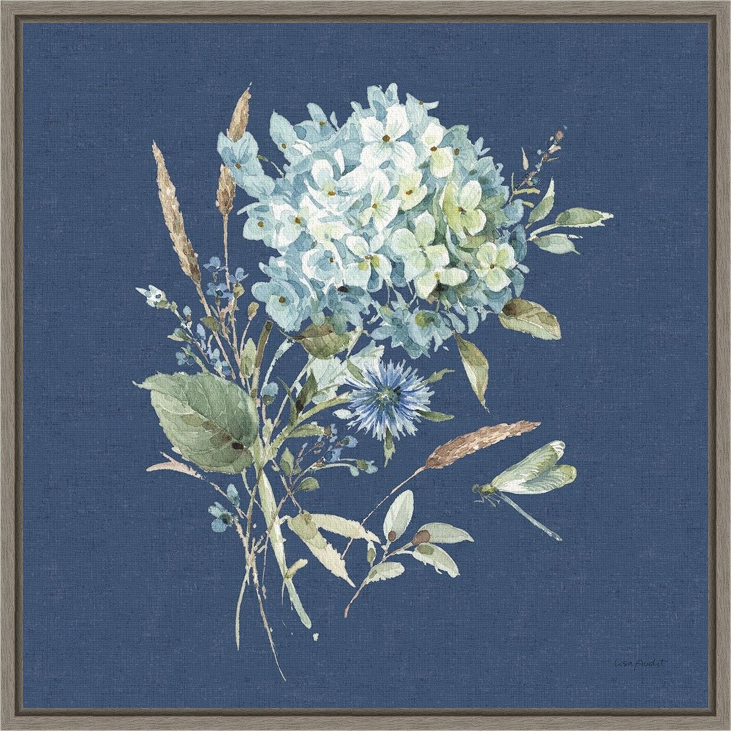 Bohemian Blue 03B (Floral Bouquet) by Lisa Audit 16-in. W x 16-in. H. Canvas Wall Art Print Framed in Grey