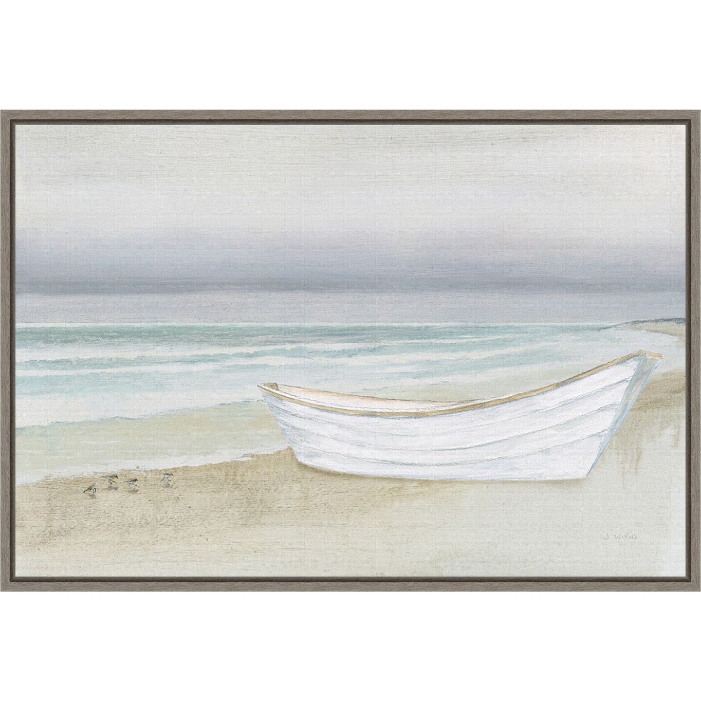 Serene Seaside with Boat by James Wiens 23-in. W x 16-in. H. Canvas Wall Art Print Framed in Grey