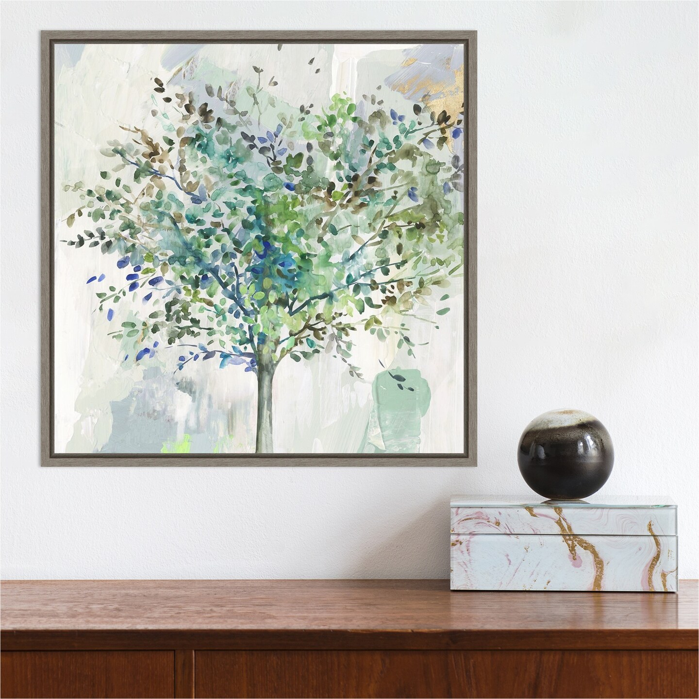 Glorious Still Moment (Green Tree) by Allison Pearce 16-in. W x 16-in. H. Canvas Wall Art Print Framed in Grey