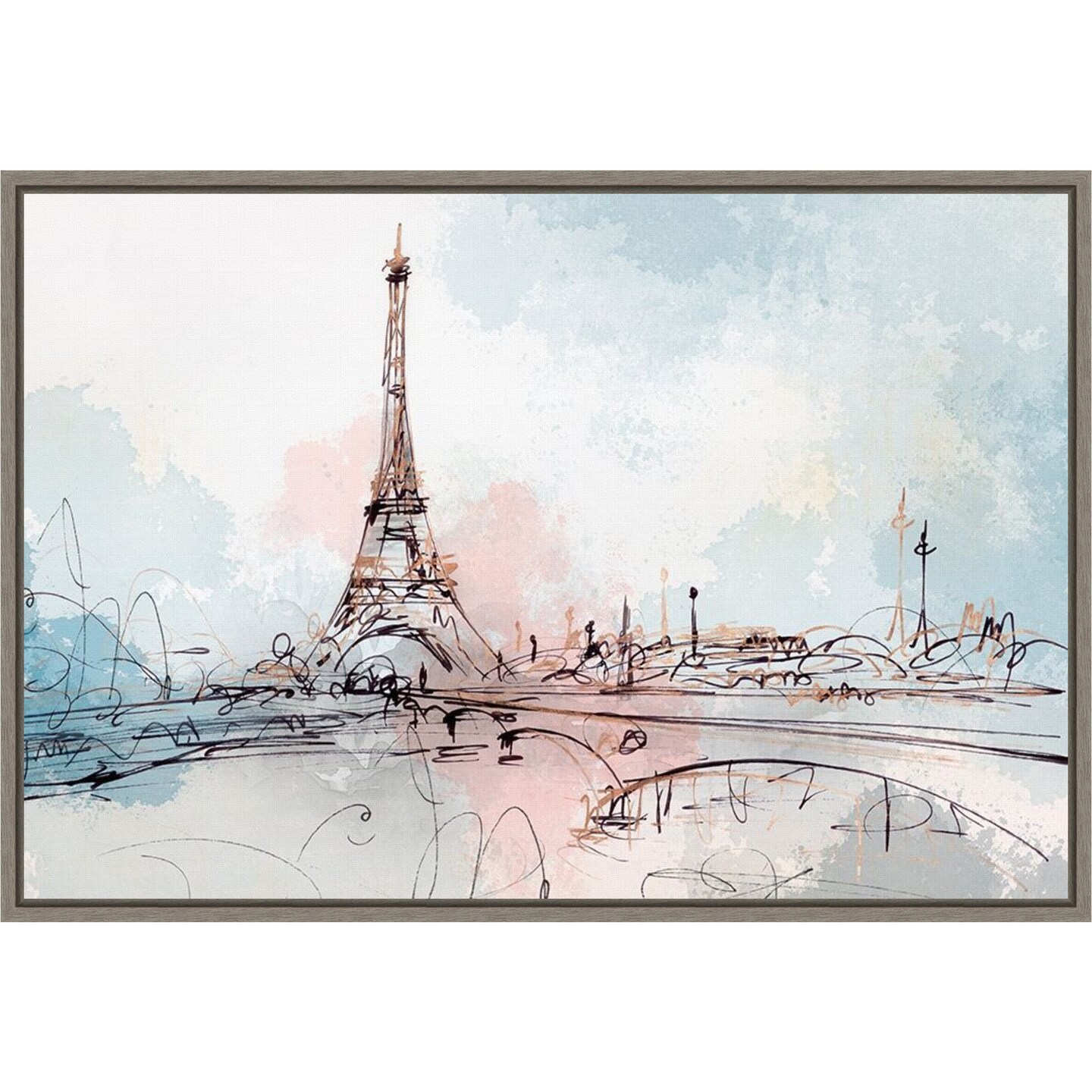 Blushing Paris (Eiffel Tower) by Isabelle Z 23-in. W x 16-in. H. Canvas Wall Art Print Framed in Grey